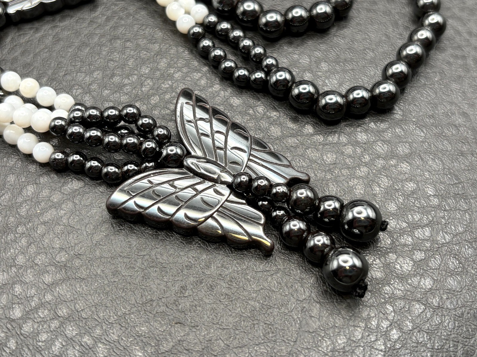 Vintage Butterfly Hematite and Mother of Pearl MOP Beaded Tassel Opera Long 32″