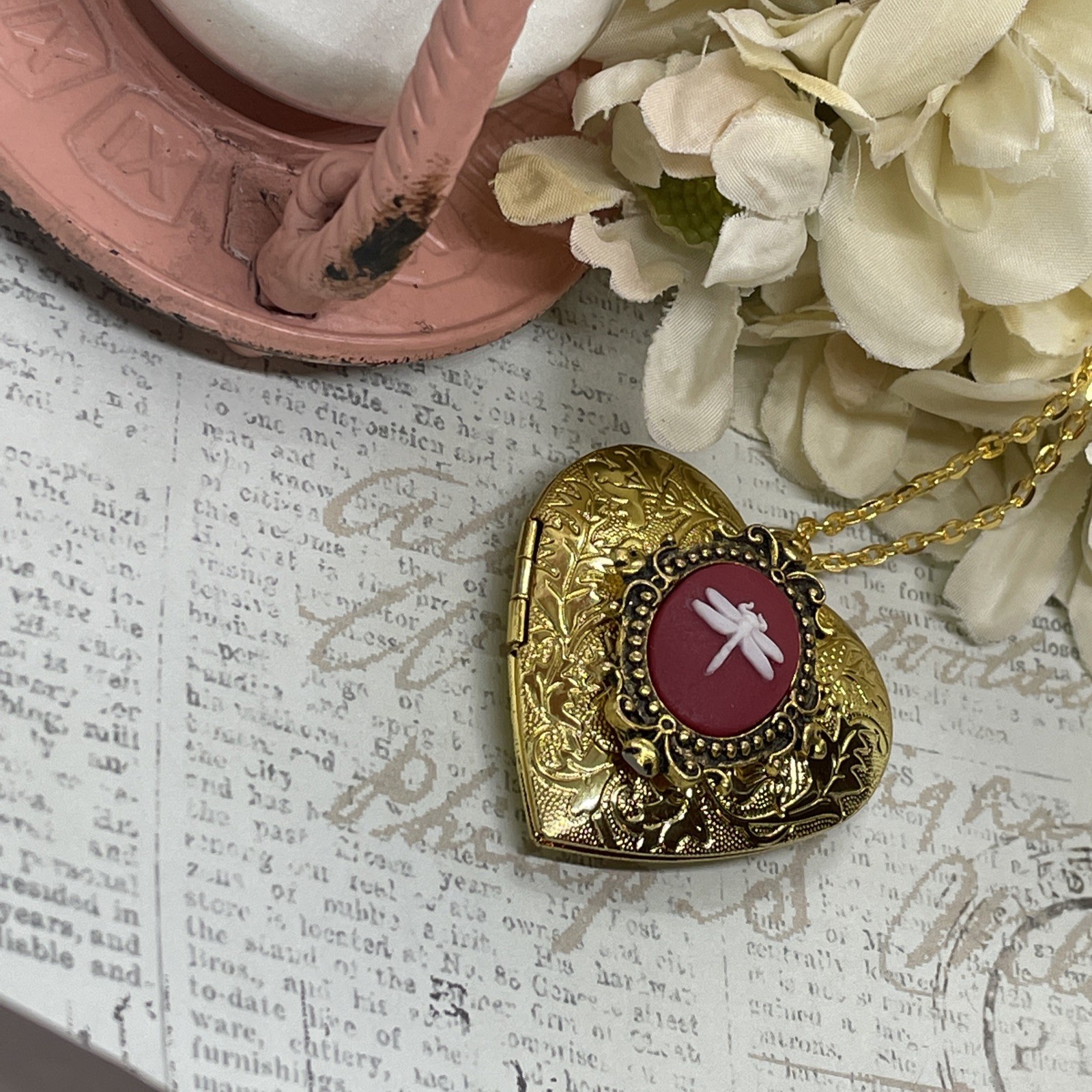 Gold Heart Locket Red Birthday Anniversary Wedding Dragonfly Cameo Necklace