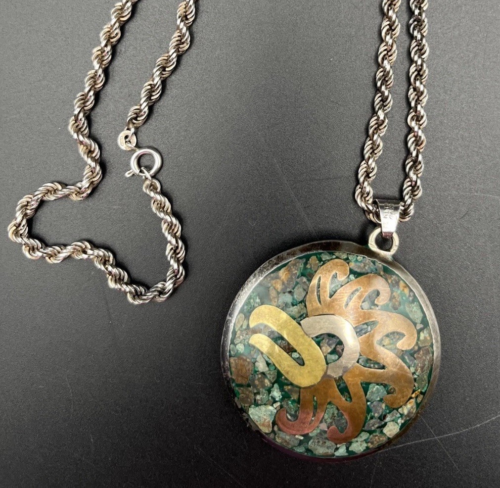 Taxco Mexico 925 Silver, Copper, Turquoise Inlay Pendant With Twist Rope Chain