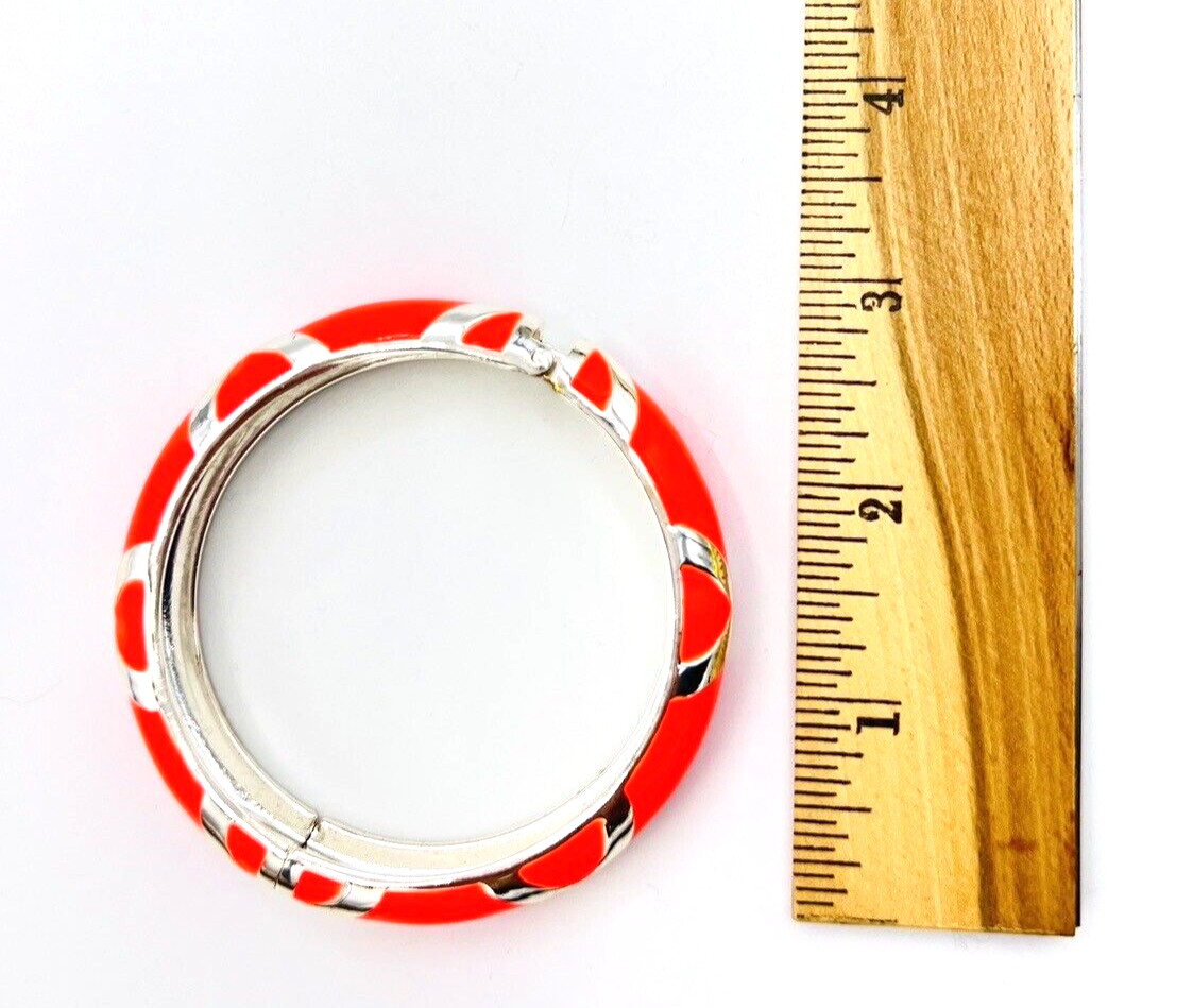 Vintage Silver Tone Bright Neon Coral Orange Enamel Hinged Bangle Bracelet