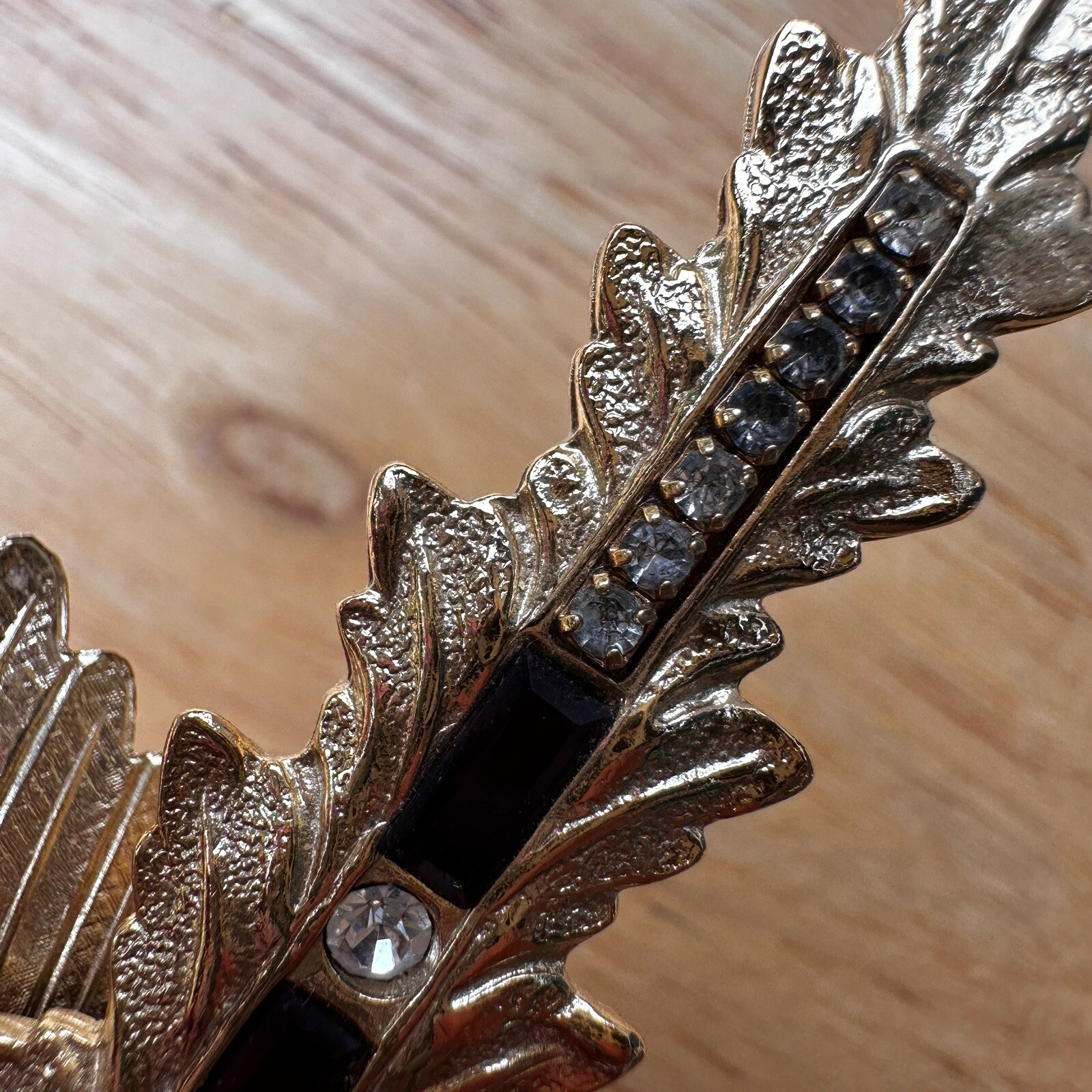 VTG Whiting Davis Feather Brooch Pin 5 Inch Red Glass Rhinestone Gold Plate Rare