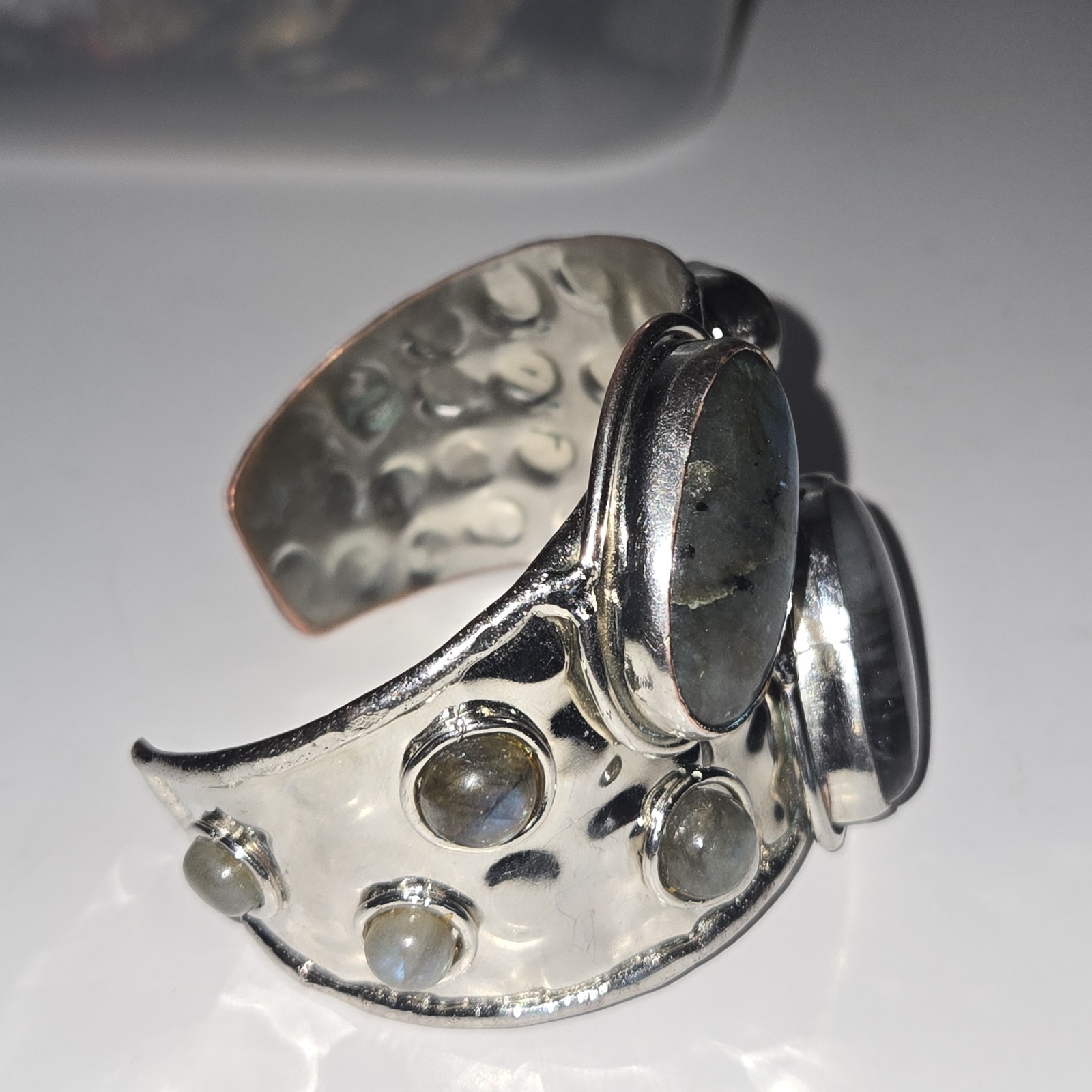 Vtg Metal Cuff Bracelet Labradorite Stones Brutalist Art Adjustable Bold Design