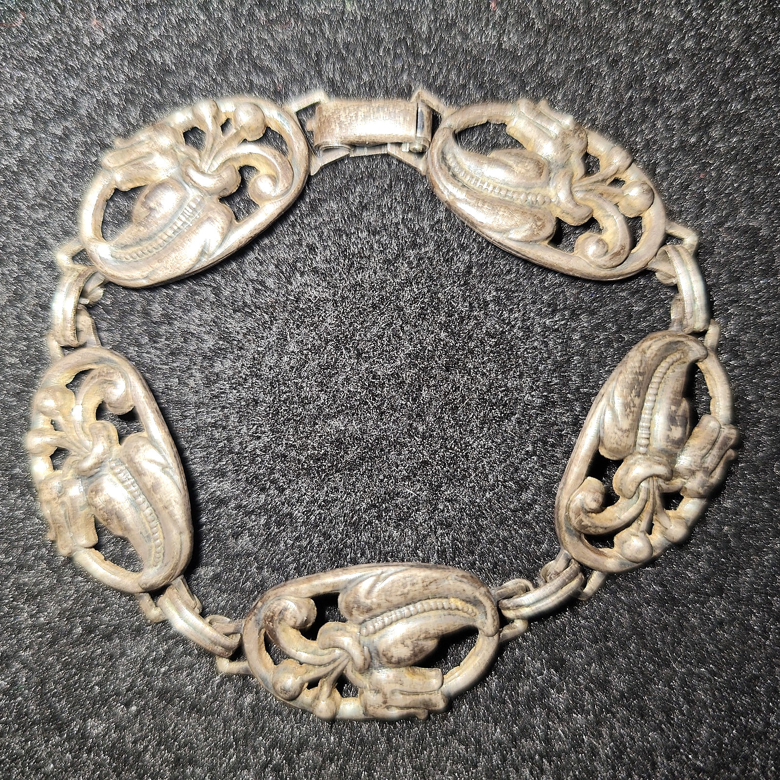 Danecraft Art Nouveau Revival Sterling Silver Signed Flower Panel Link Bracelet