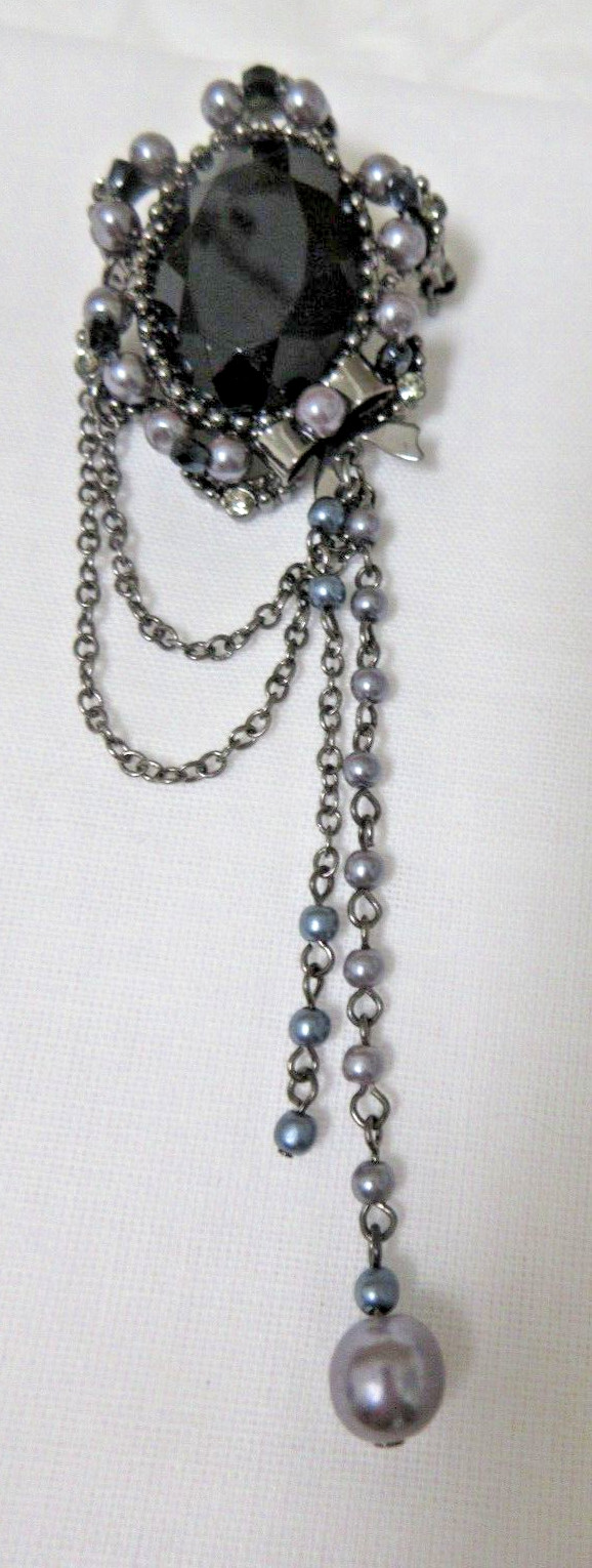 Vintage Dark Metal Black Faceted Glass, Grey Faux Pearl & Rhinestone Brooch