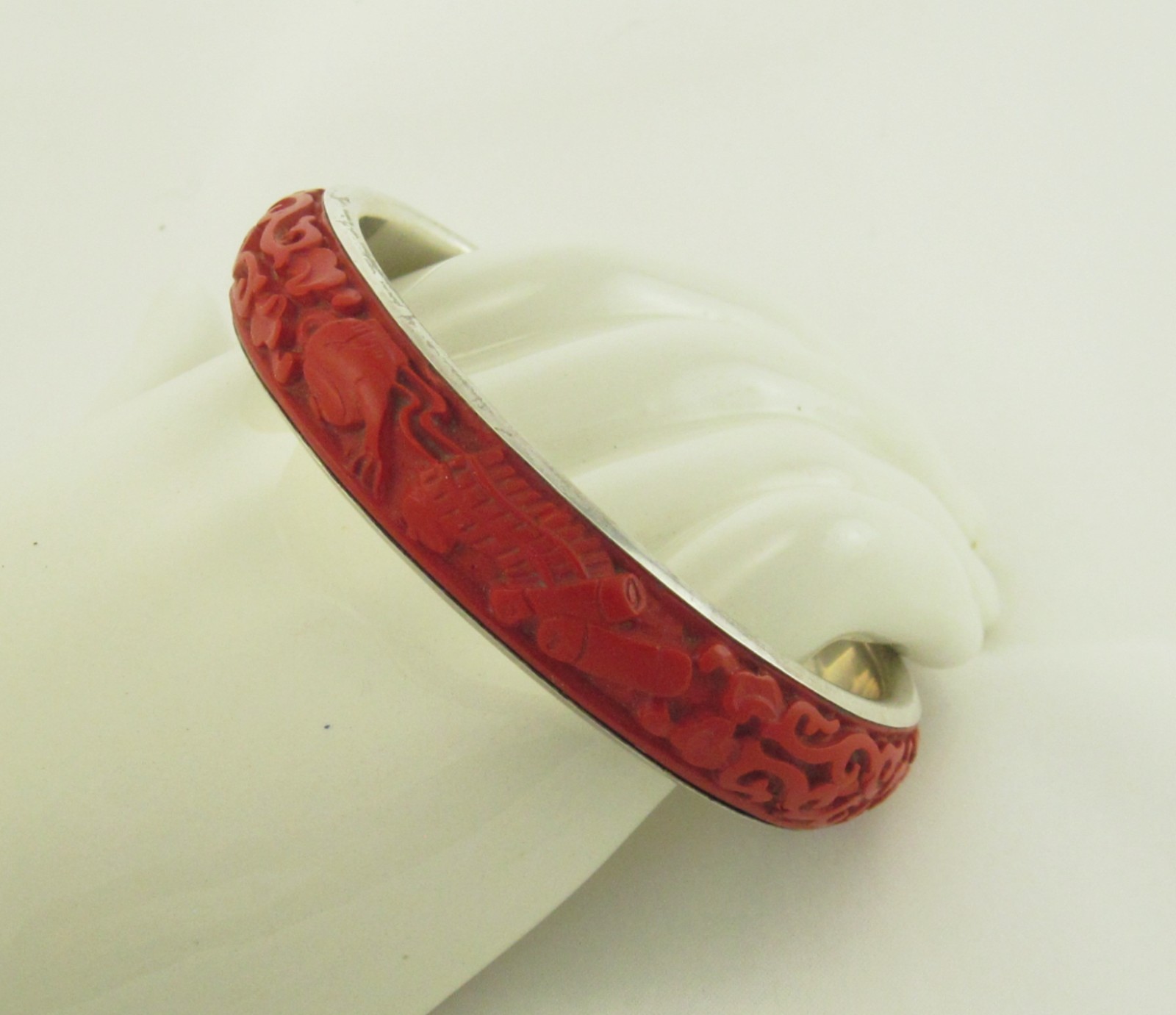 Carved Chinese Cinnabar Bangle Bracelet BJ 925 Silver; Tea Ceremonial Service