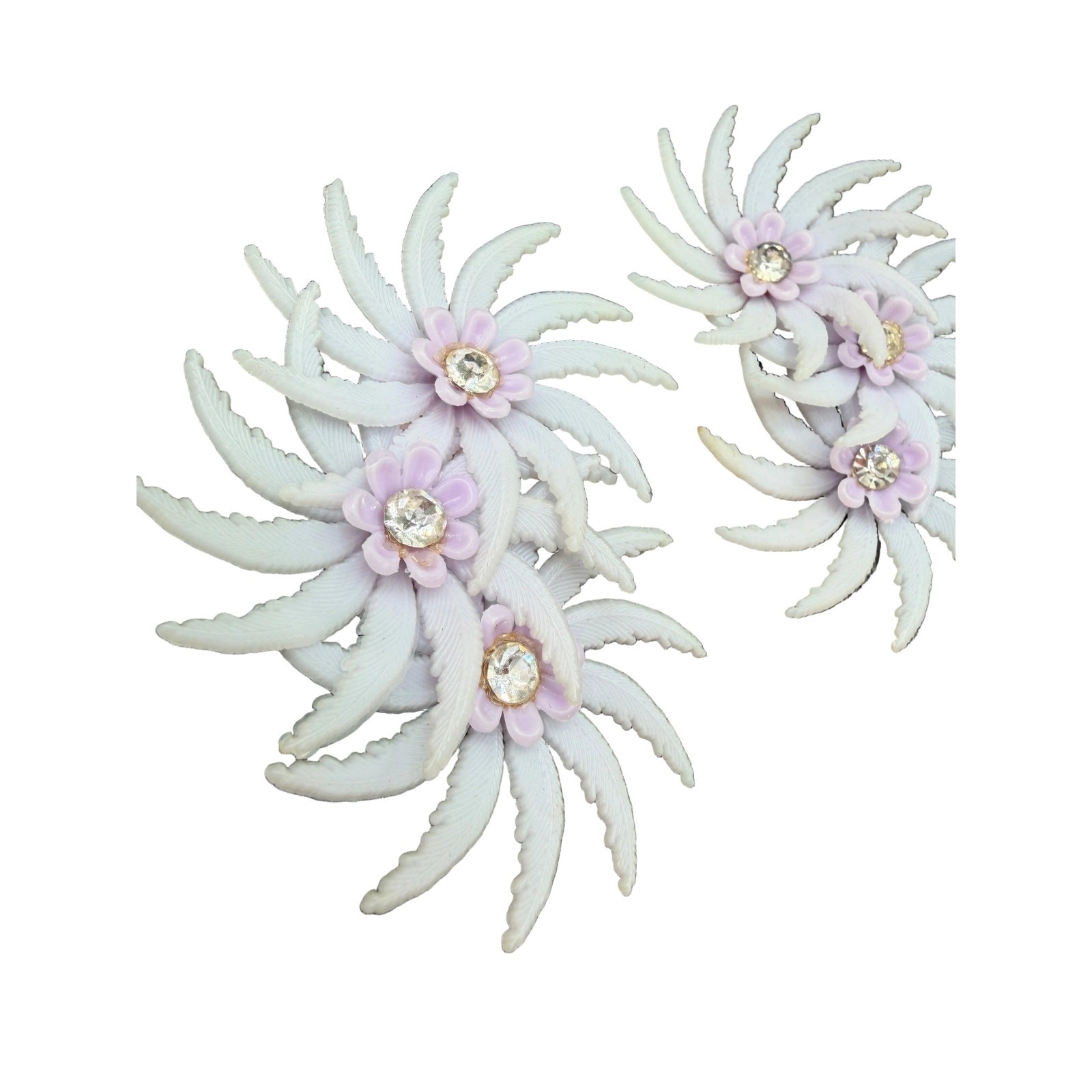 1950s Lavender Plastic Triple Floral Ear Climber Clip Earrings with Rhinestones
