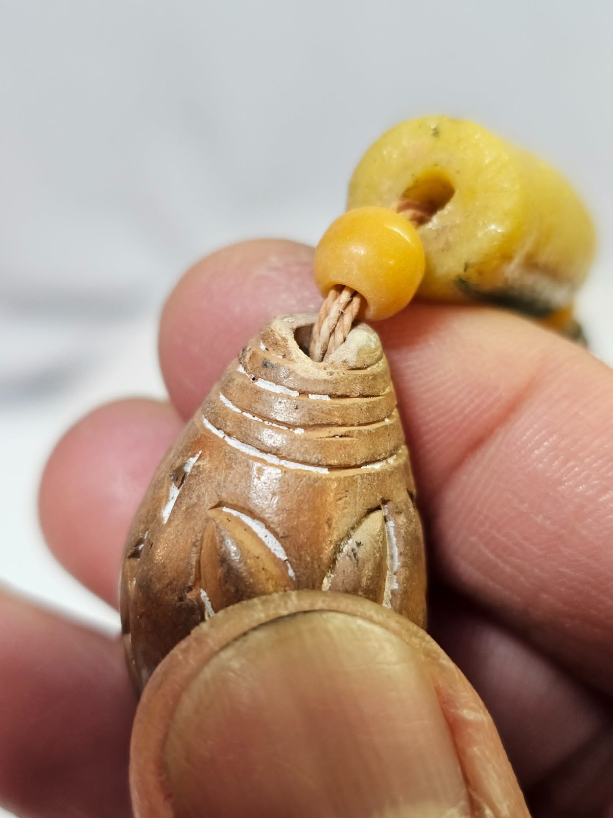 Tibetan Dzi/ African Trade? Necklace Large Yellow Glass Brown Ceramic Beads Boho