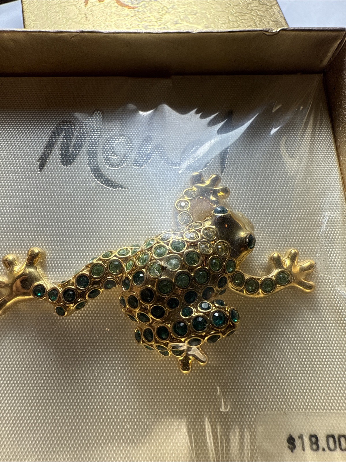Monet pin brooch Frog rhinestones vintage unused 80’s Mint In Box