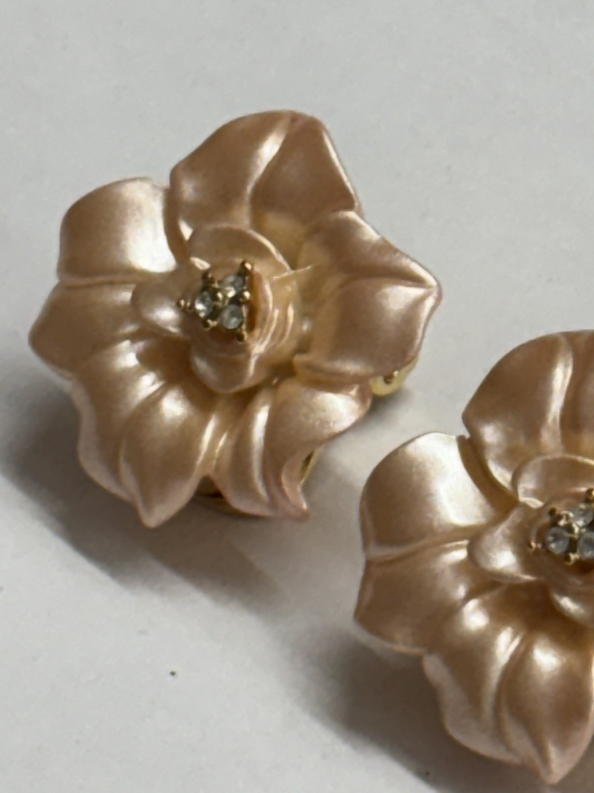 Vintage Signed NOLAN MILLER Cream Color Flower Clip Earrings W/Rhinestone Center