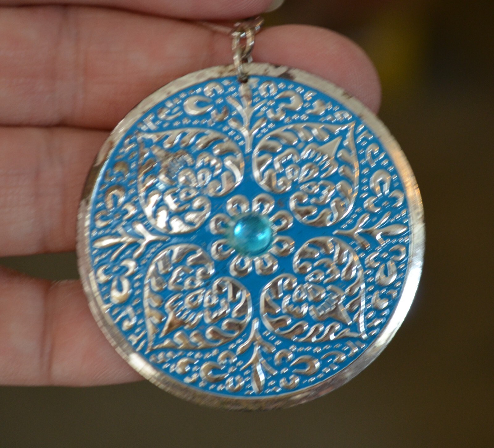 Silver Tone Pierced Wire Hook Earrings Large Round Blue Medallion 1.75″ Across