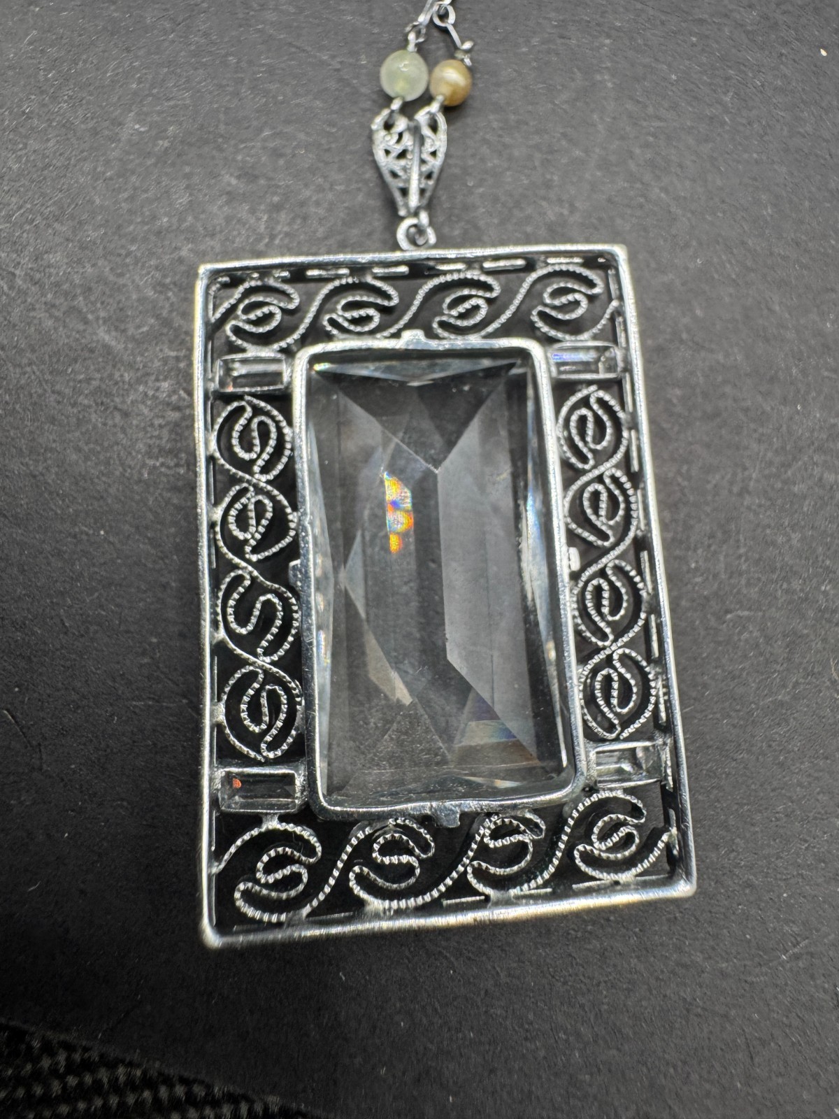 Art Deco Filigree Crystal Chain & Pendant Silver Tone