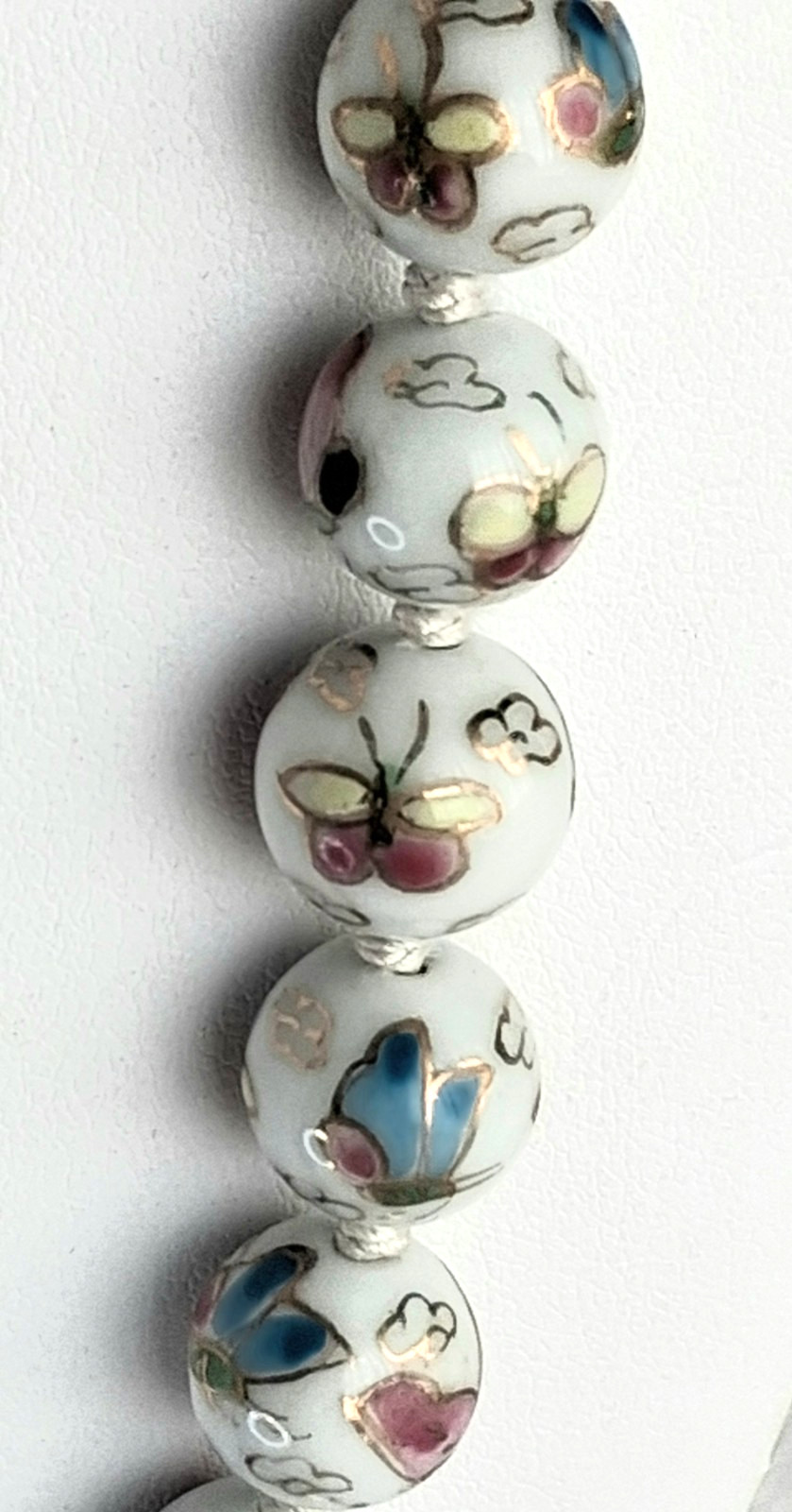 Vtg Cloisonne enamel Knotted butterfly design Gold Beads Wedding Necklace 24 in