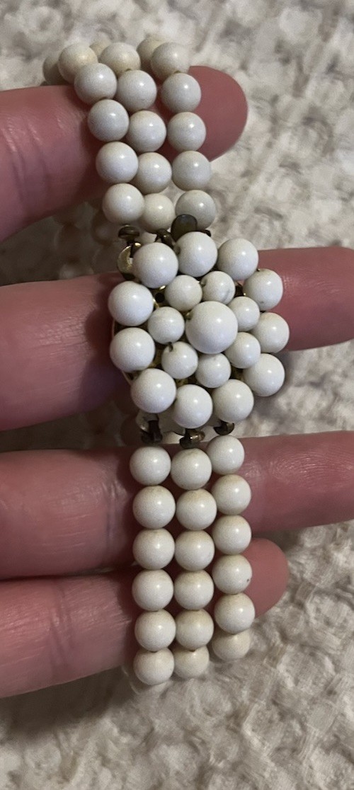 Vintage Costume Jewelry Set Bracelet Clip On Earrings White Beaded Japan Retro