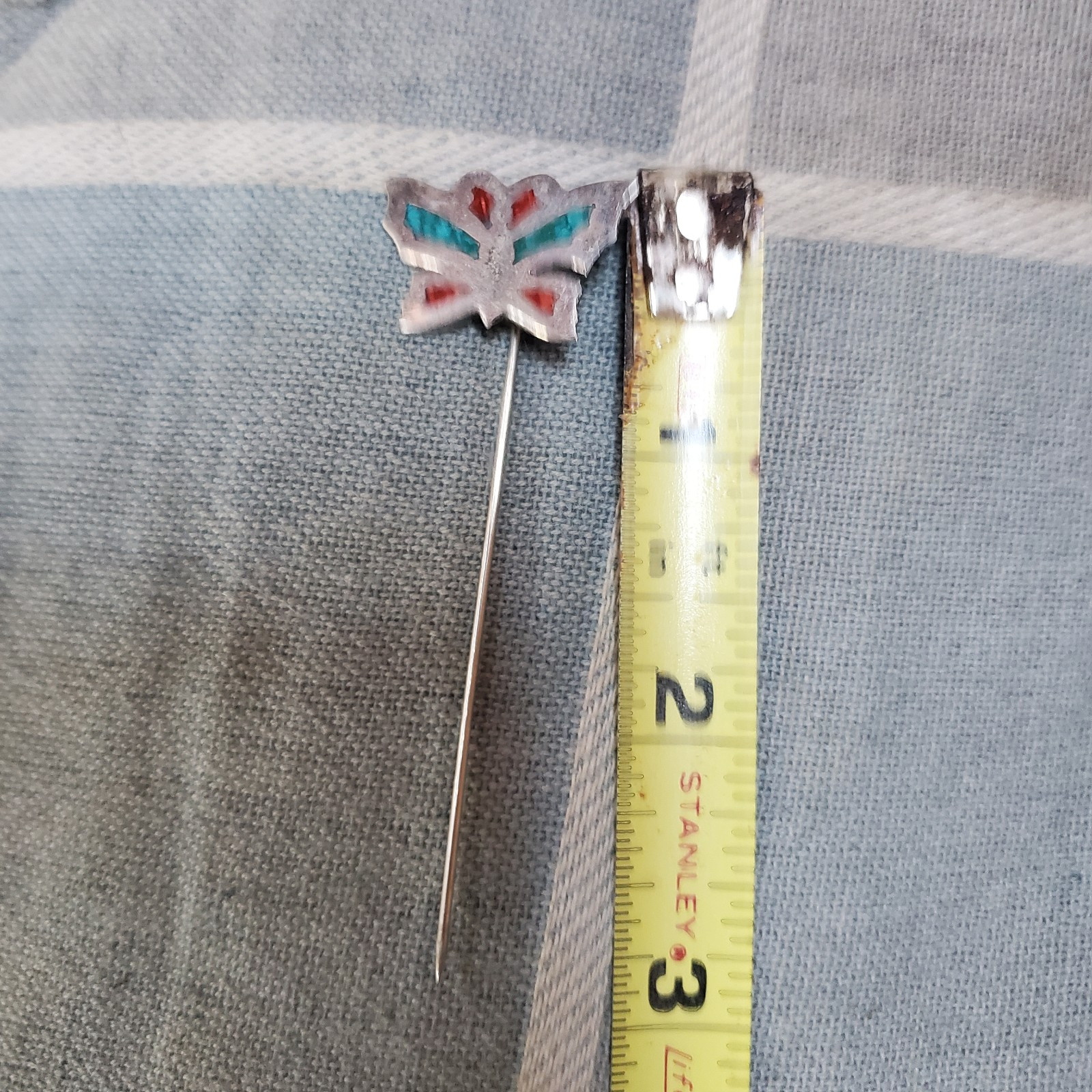 VTG Sterling Silver Crush Turquoise & Coral Inlay Butterfly N.A. Stick Hat Pin