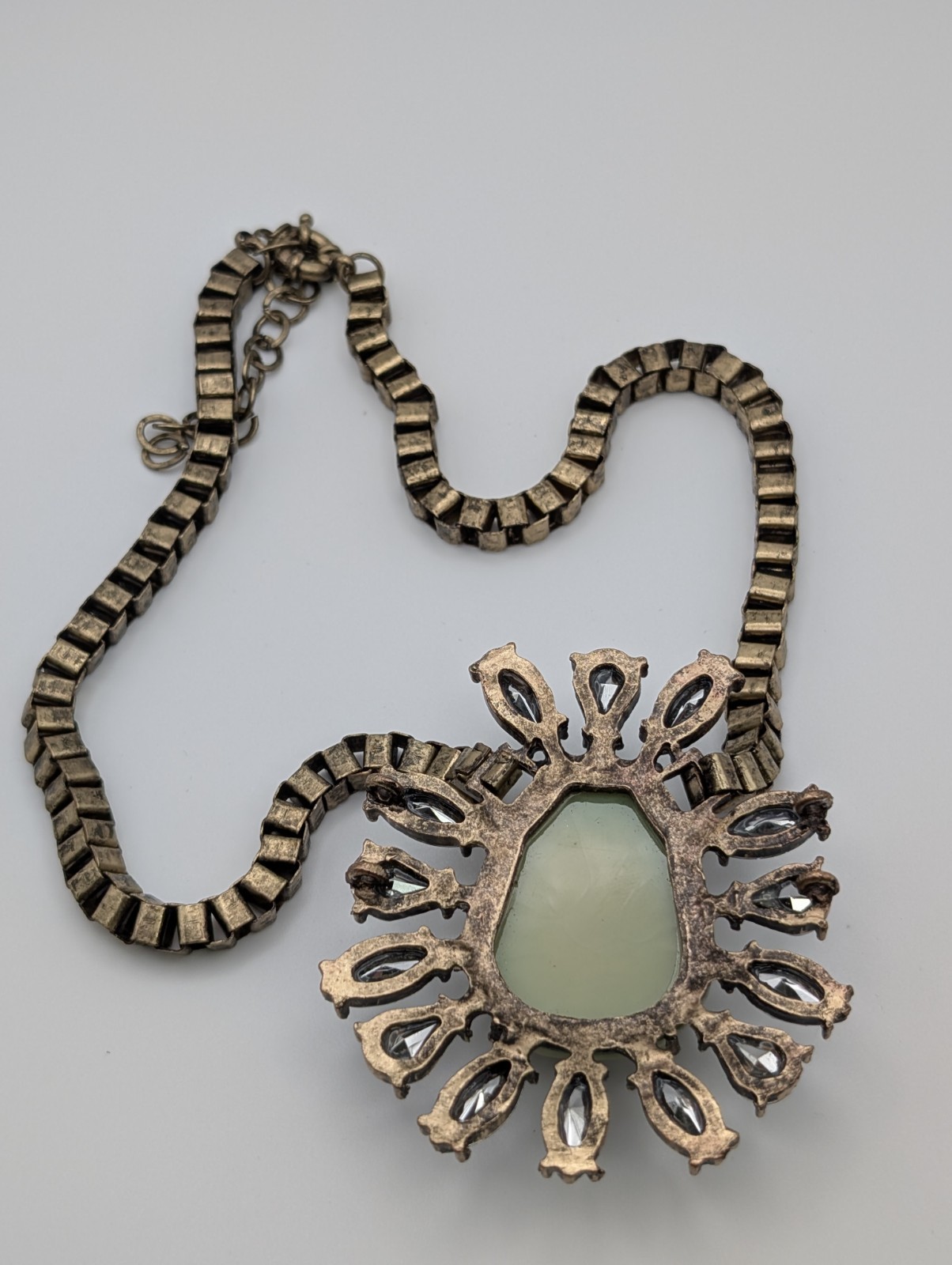 Vintage Statement Necklace Clear Rhinestones Antique Gold Tone Large Pendant