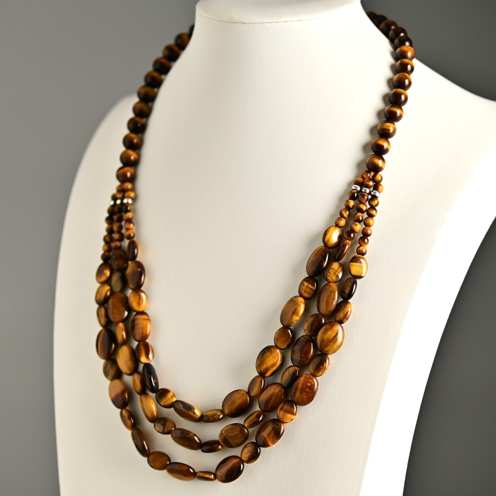 Vintage Original Designer 925 Sterling Silver Tiger Eye Gemstone Estate Necklace