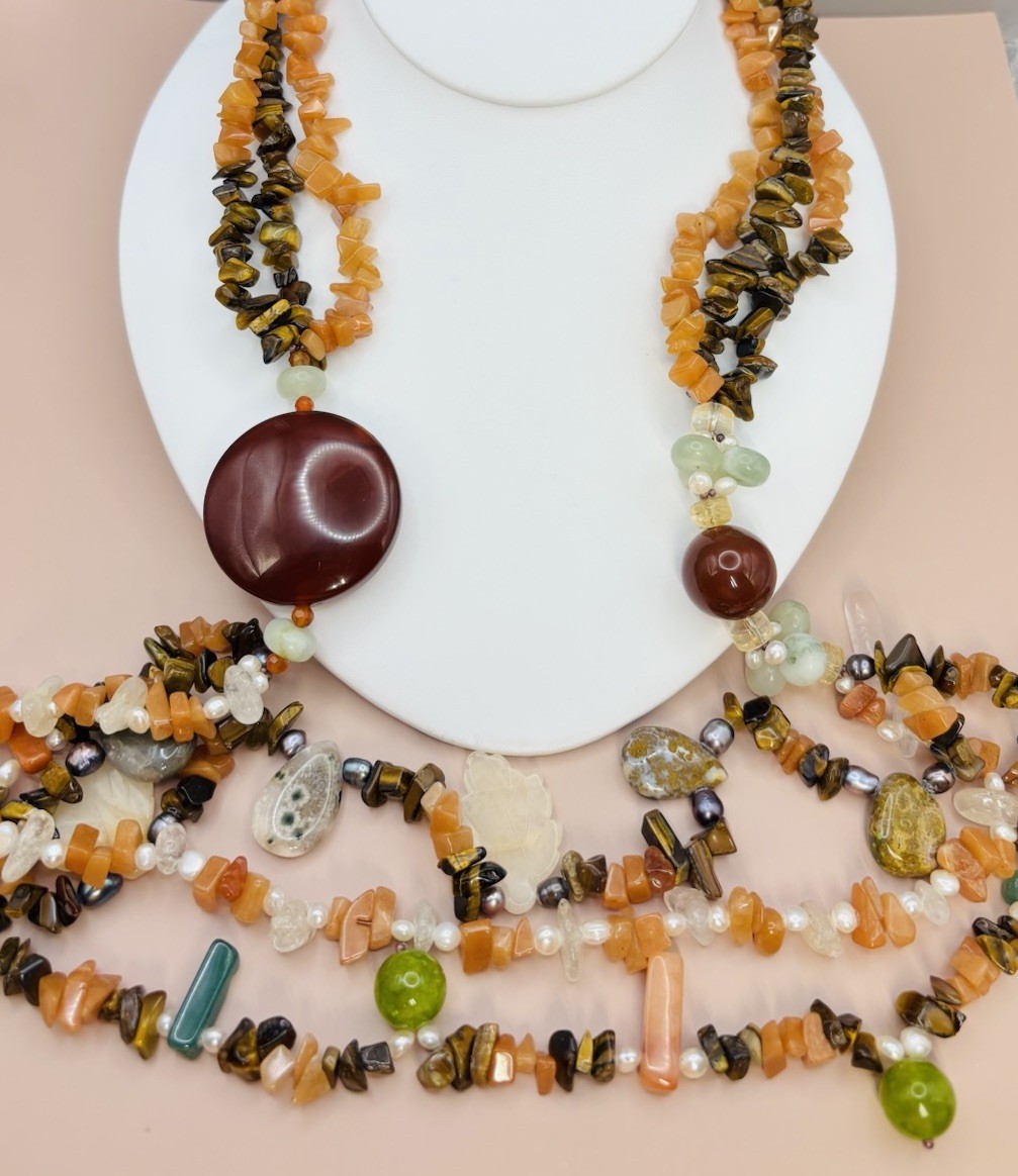 Vintage Natural Gemstone Multi Strand Boho Tigers Eye Carnelian Pearl 28”