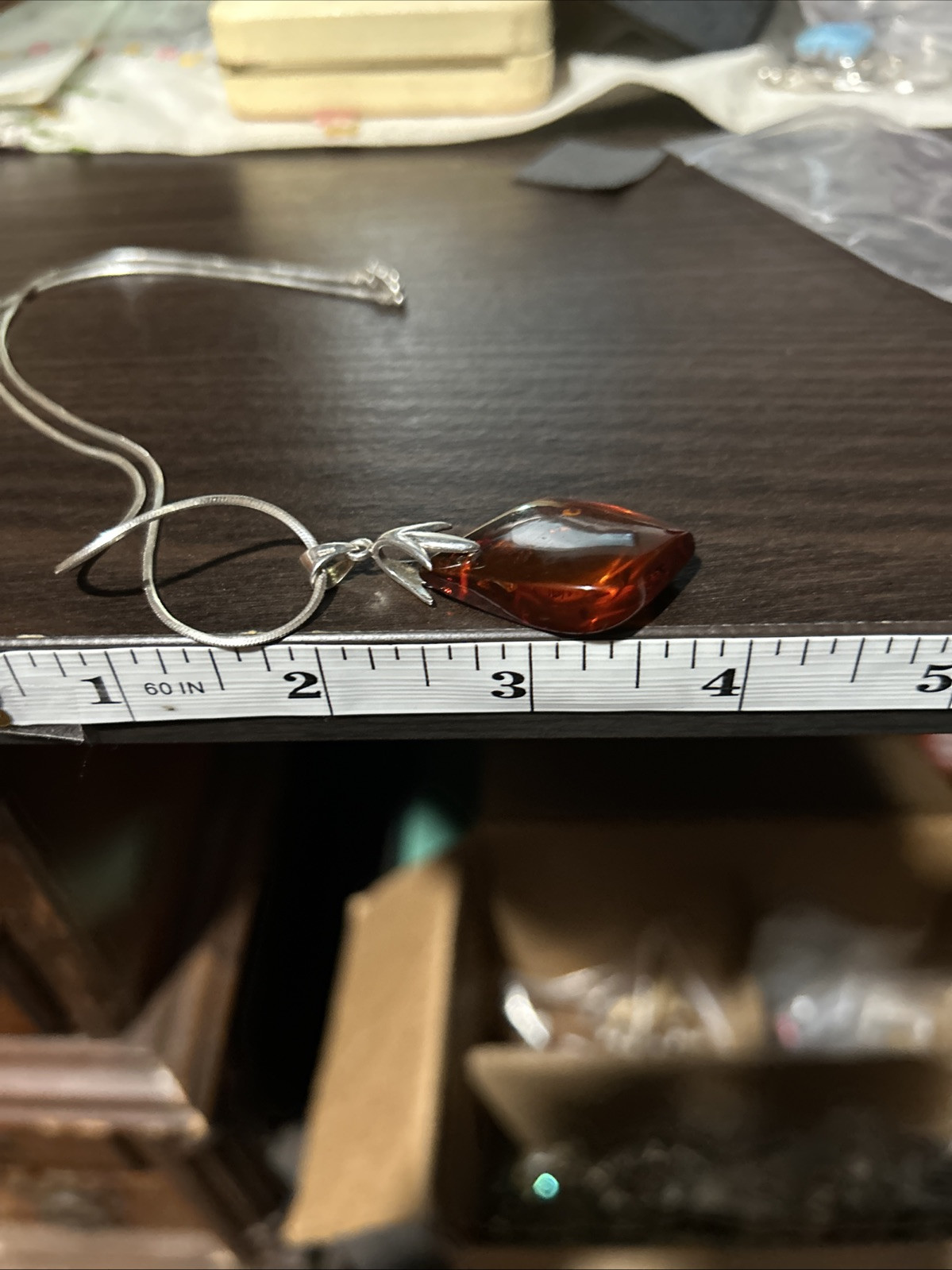 VINTAGE STUNNING GENUINE AMBER AGI STERLING SILVER ITALY NECKLACE BOX CHAIN