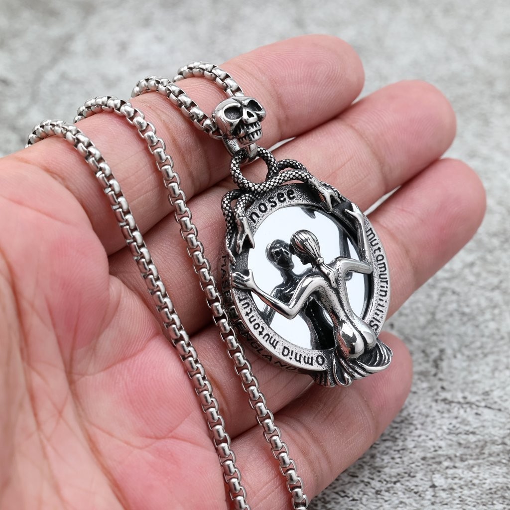 Retro Stainless Steel Men’s Pendant Gothic Magic Mirror Necklace