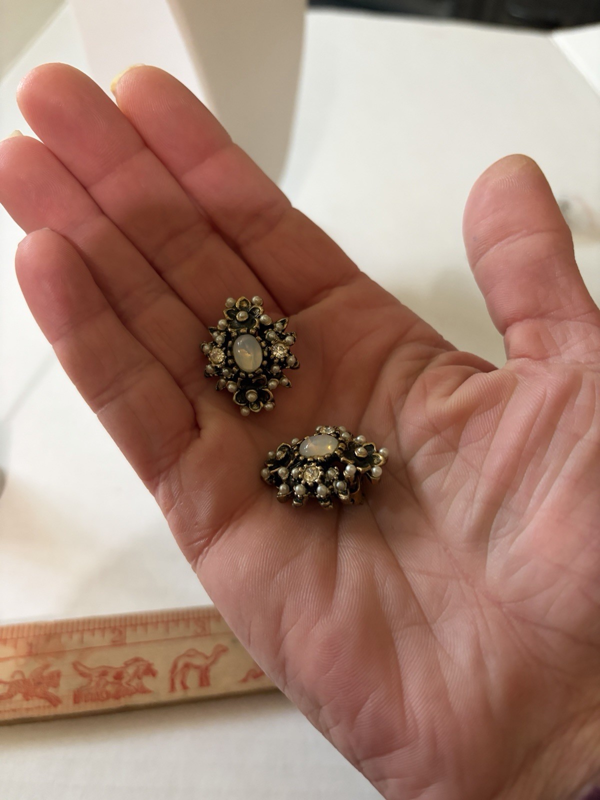 Vintage Opaline Glass Pearl Rhinestone Floral Clip Earrings Gold Tone