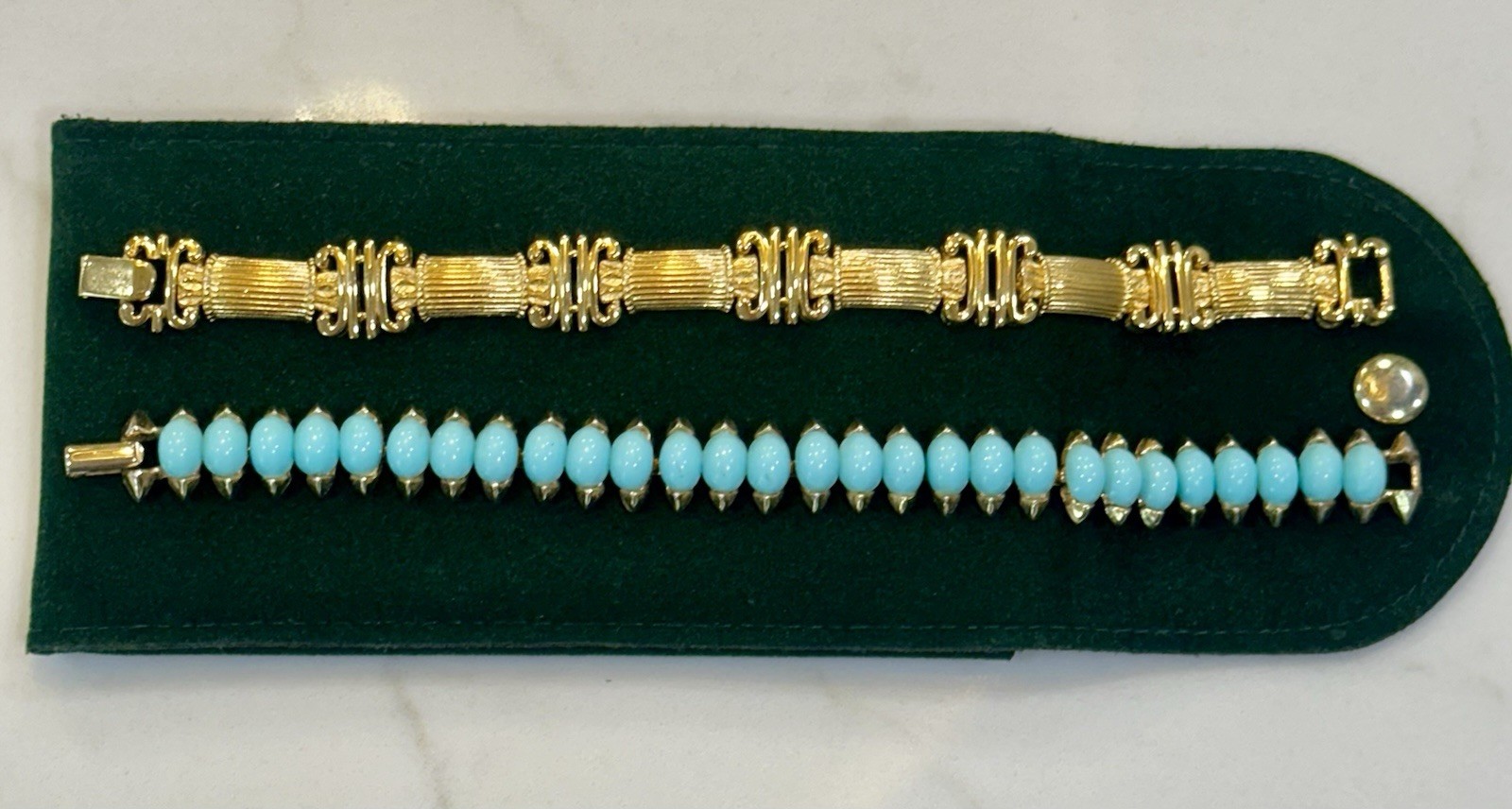 Crown Trifari 7” Bracelet Set: Egyptian Turquoise & Etruscan Link Revival Theme