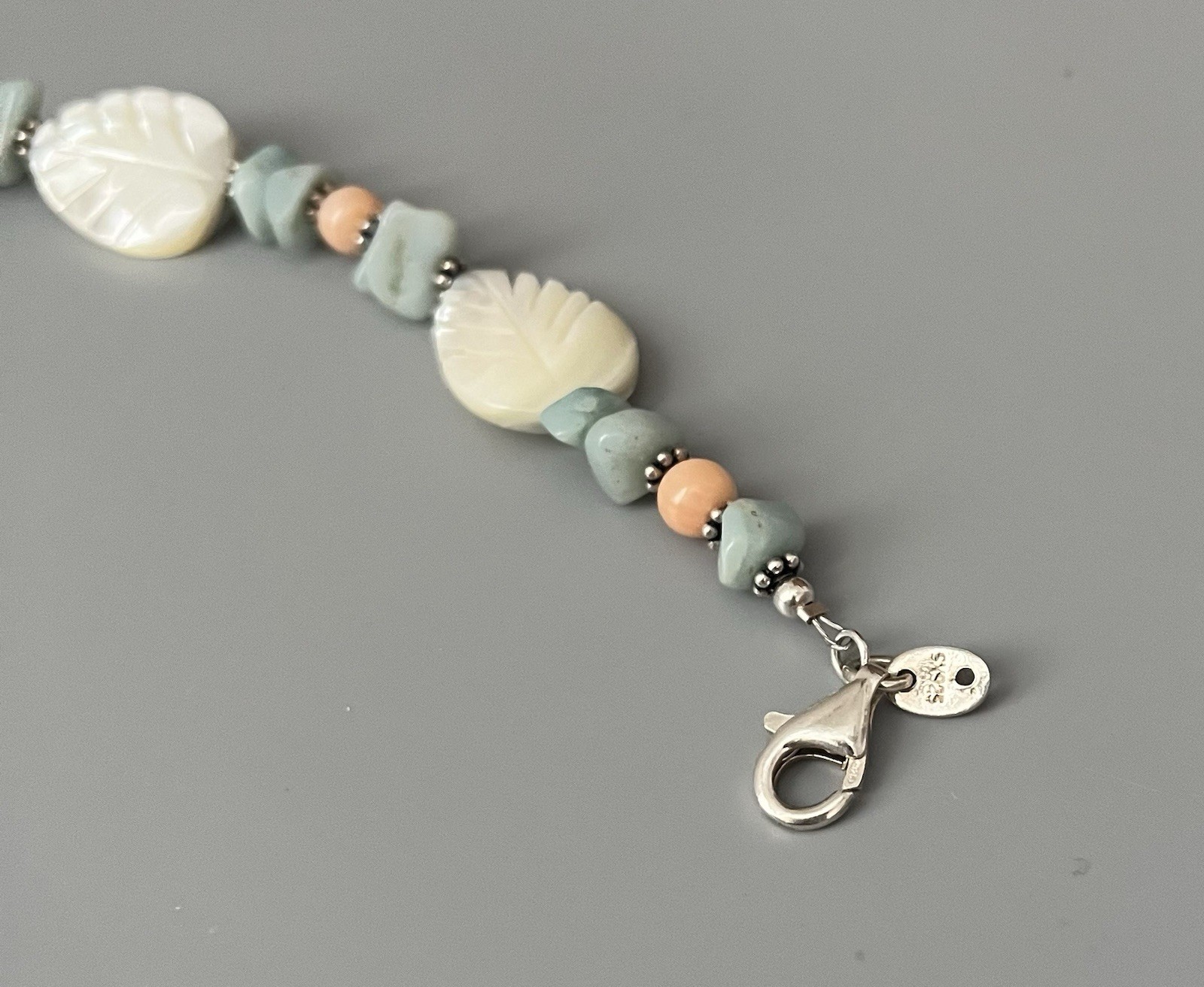 VTG SX 925 Sterling-Carved MOP-Pale Blue-Peach Stone Bracelet Wire Earring Set