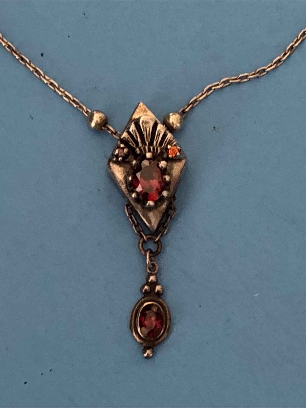 Antique Art Deco Sterling Silver Lavalier Red Garnet Pendant Necklace 17”