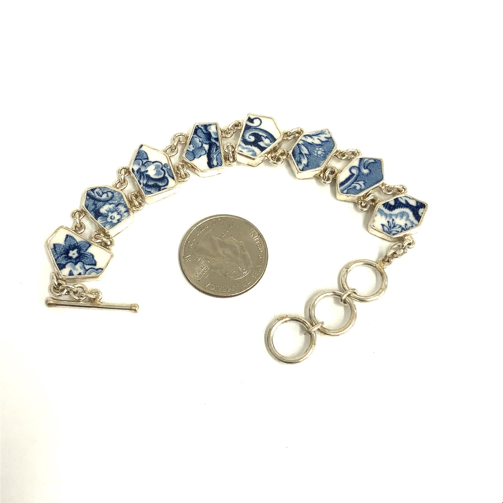 Vtg Sterling Sign LTS Hand Painted Ceramic Porcelain Link Toggle Bracelet 7 1/2