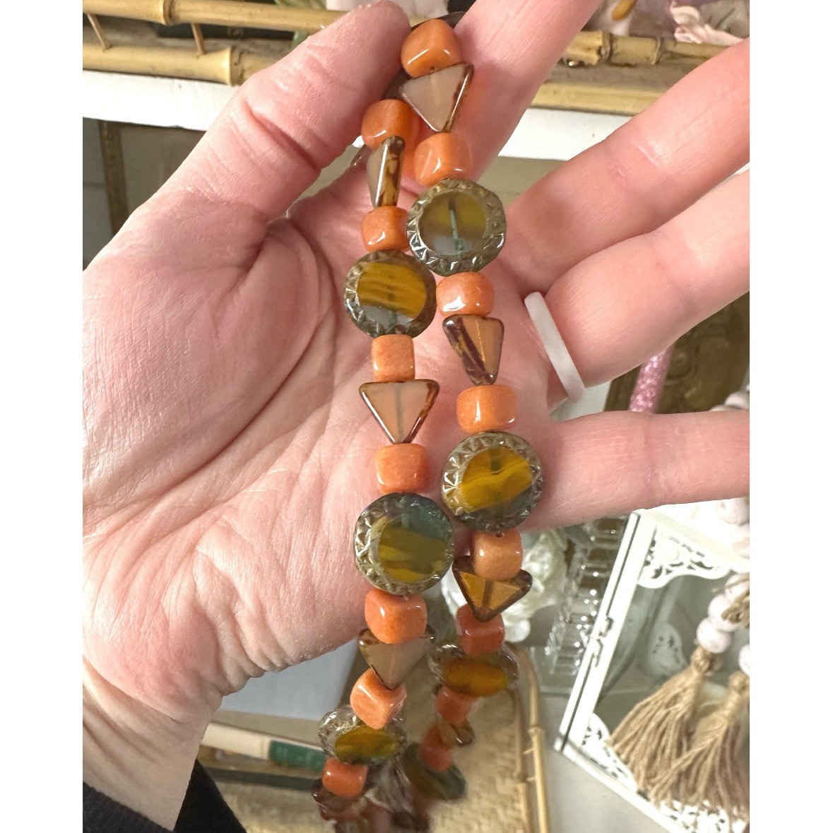 Art Deco Girls at Beach Cloisonne Stone Beaded Necklace Brown & Orange 27” Long