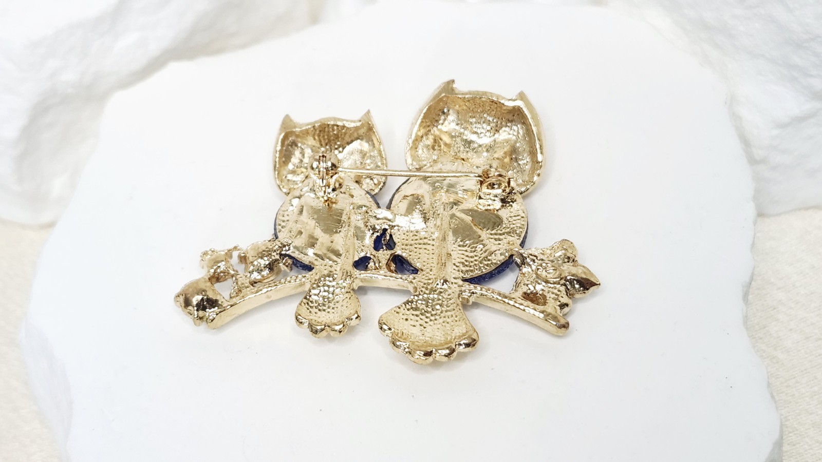 Vintage Gold-Tone Owl Pair Brooch W Blue Crystal Bodies and Rhinestone Accents