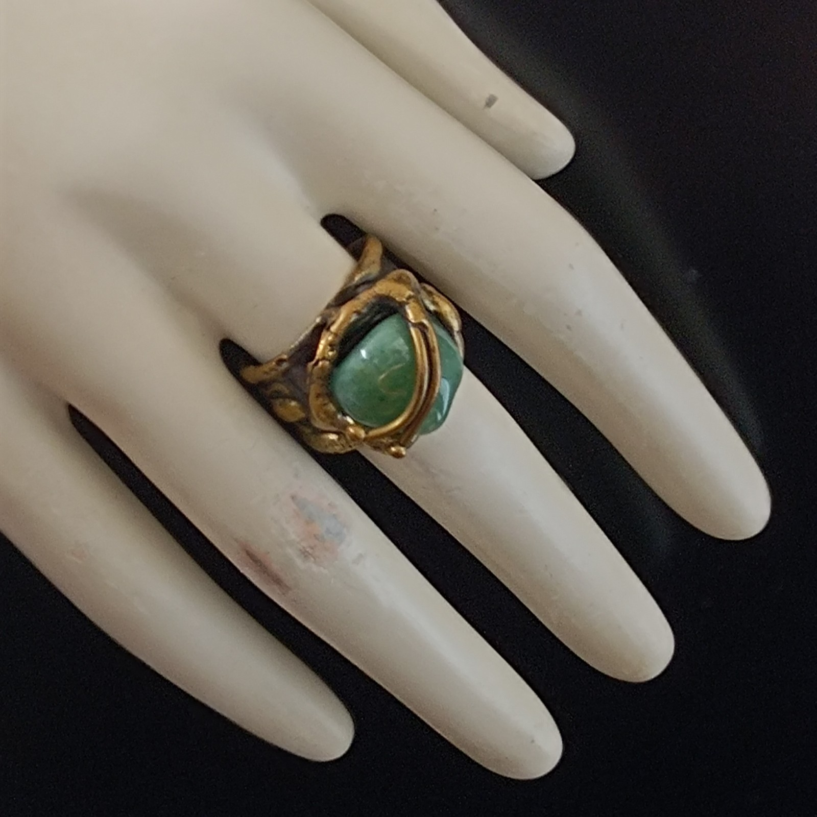 Brutalist Boho Ring Green Stone Organic Art Nouveau Revival Adjustable Statement