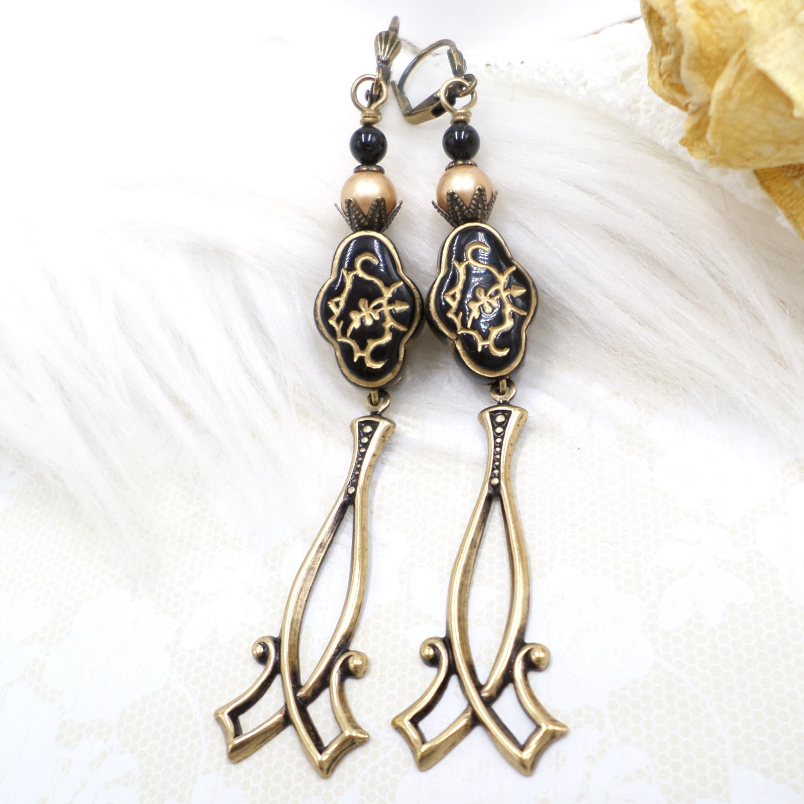 Antique Brass Dangle Earrings Black Gold Floral Acrylic Beaded Victorian Jewelry