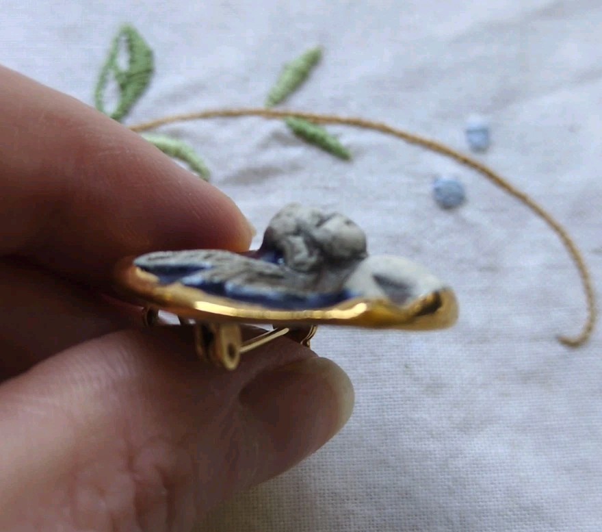 Brooke Andrews Handmade Cherub Angel Ceramic Pendant/ Brooch, Gold Trim