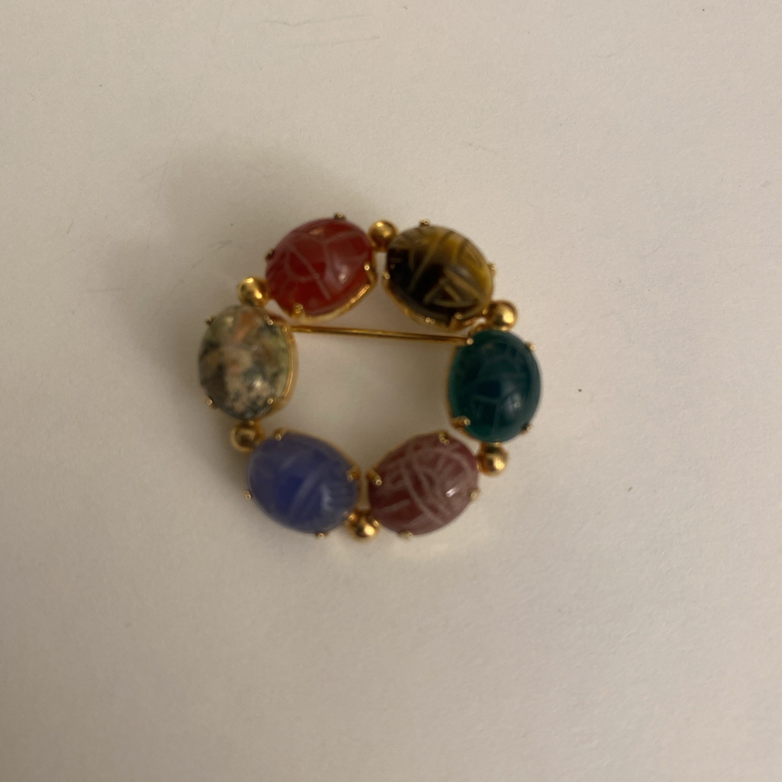 Vintage Scarab Brooch Circle Design Multiple Colored Carved Gemstones