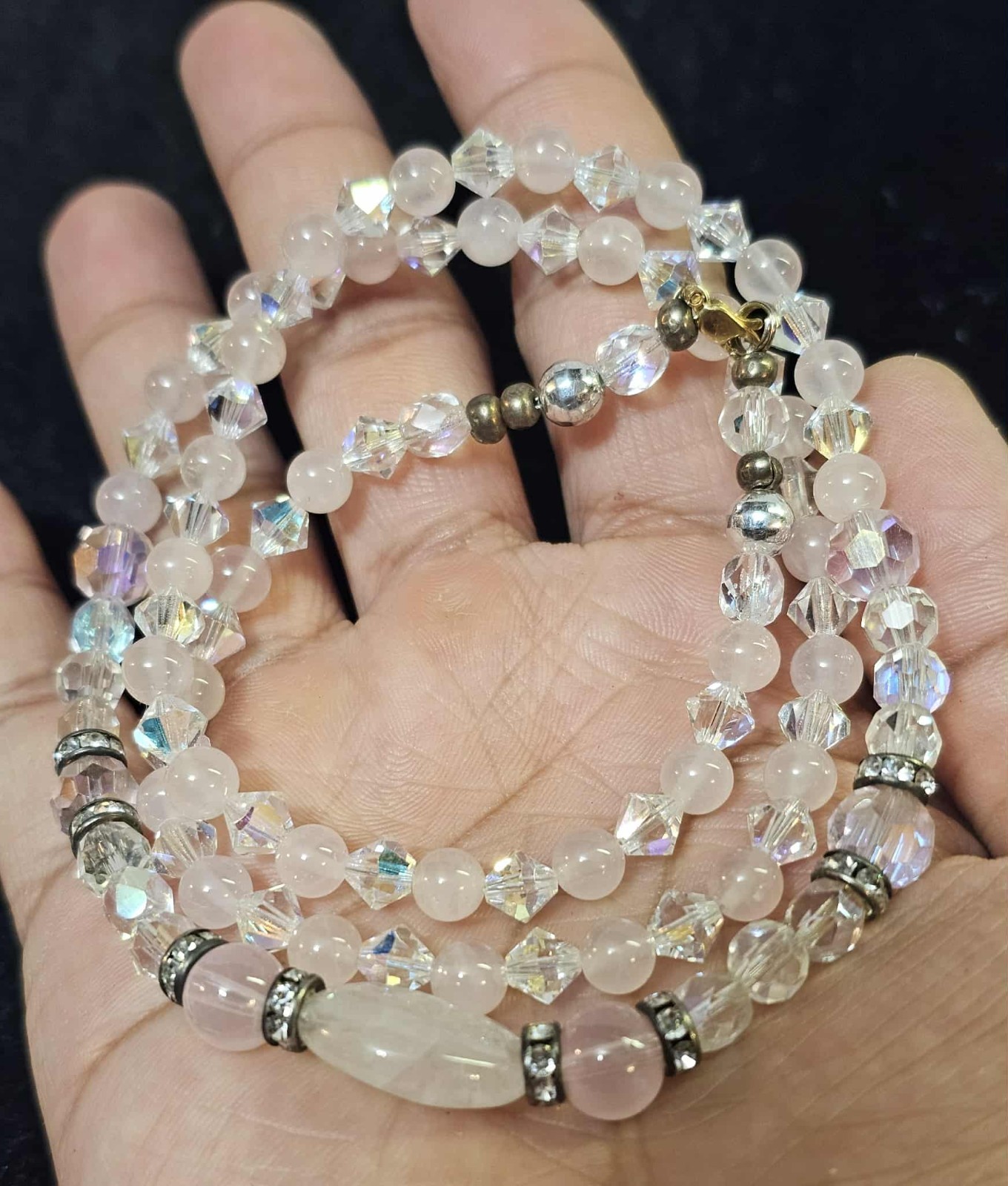Vtg Beaded Rose Quartz & Clear iridescent glass beads Necklace 25in- S121
