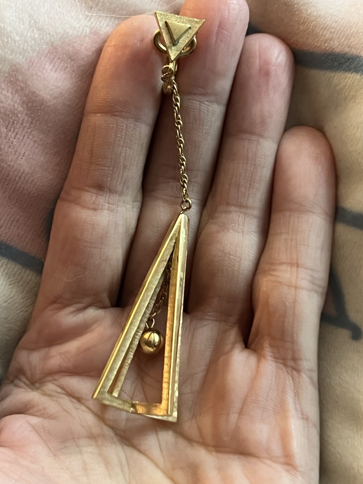 Vintage TRIFARI Dangle Long Triangle Clip Earrings Gold Tone