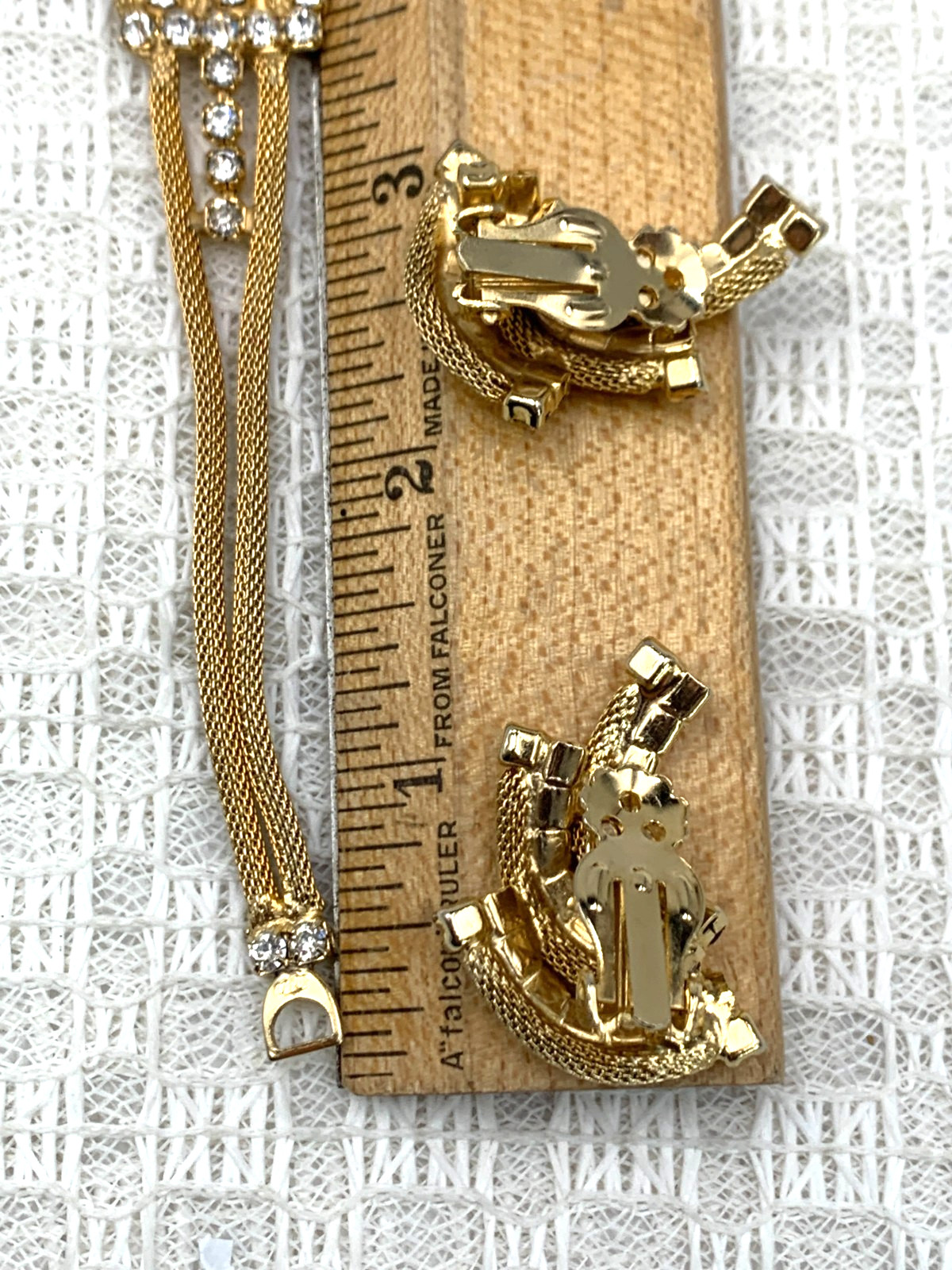 BRAIDED Goldtone Mesh & Clear Rhinestone 15″ Necklace & 1-1/4 x 1″ Clip Earrings