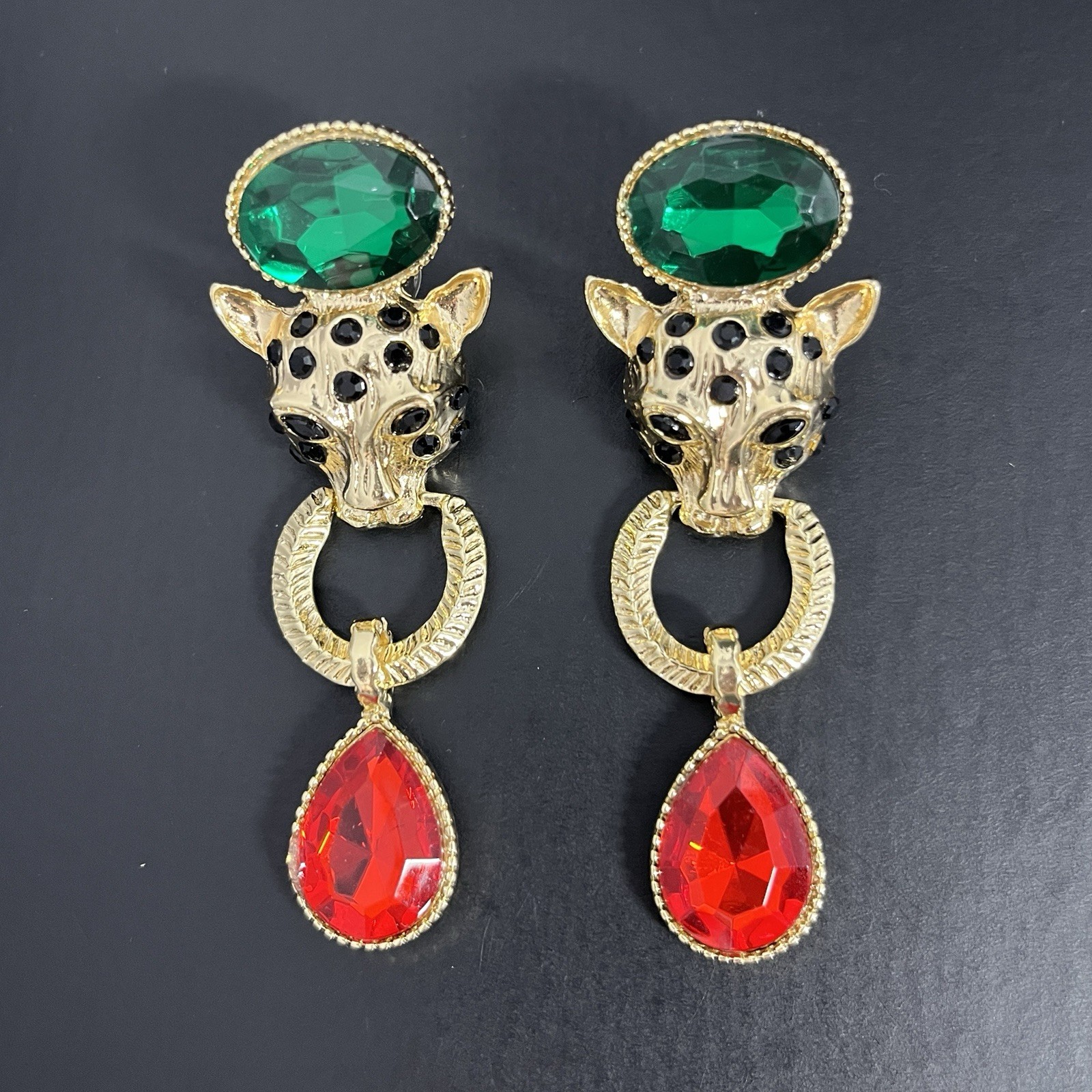 Gold Tone Lion Door Knocker Earrings Pierced Jaguar Cat Red Green Statement Drop