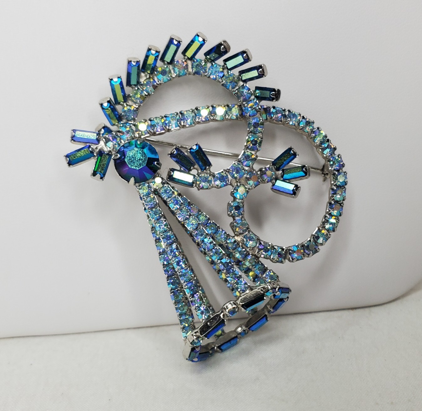 Vintage Hobe Brooch Peacock Blue AB Stones Baguettes Silver Tone 3D Signed