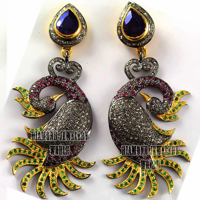 Gorgeous 2.65ct Rose Cut Diamond Gemstone Silver Vintage Peacock Earring Jewelry