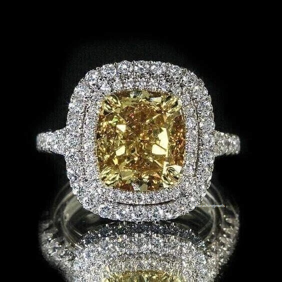 3Ct Cushion Cut Lab-Created canary Diamond Engagement Ring 14K White Gold Plated