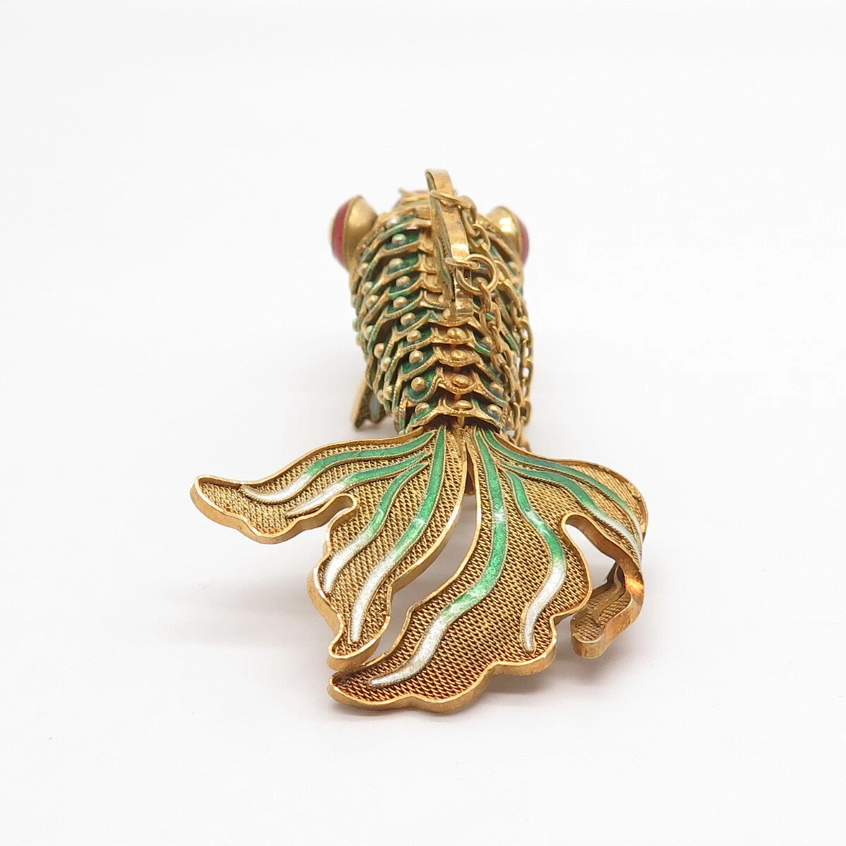 925 Sterling Silver Gold Plated Enamel Antique Chinese Koi Fish Chatelaine Fob