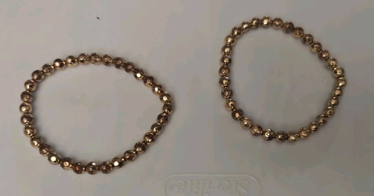 Gold Colored Plastic Beaded Bracelets Vintage Lot Of Two Stretch Plastic