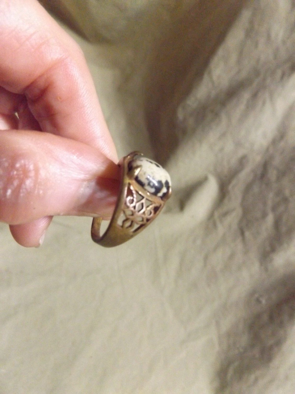 Vintage Cast Brass? Ring Dalmatian Jasper Oval Stone Unused Size 8.25+