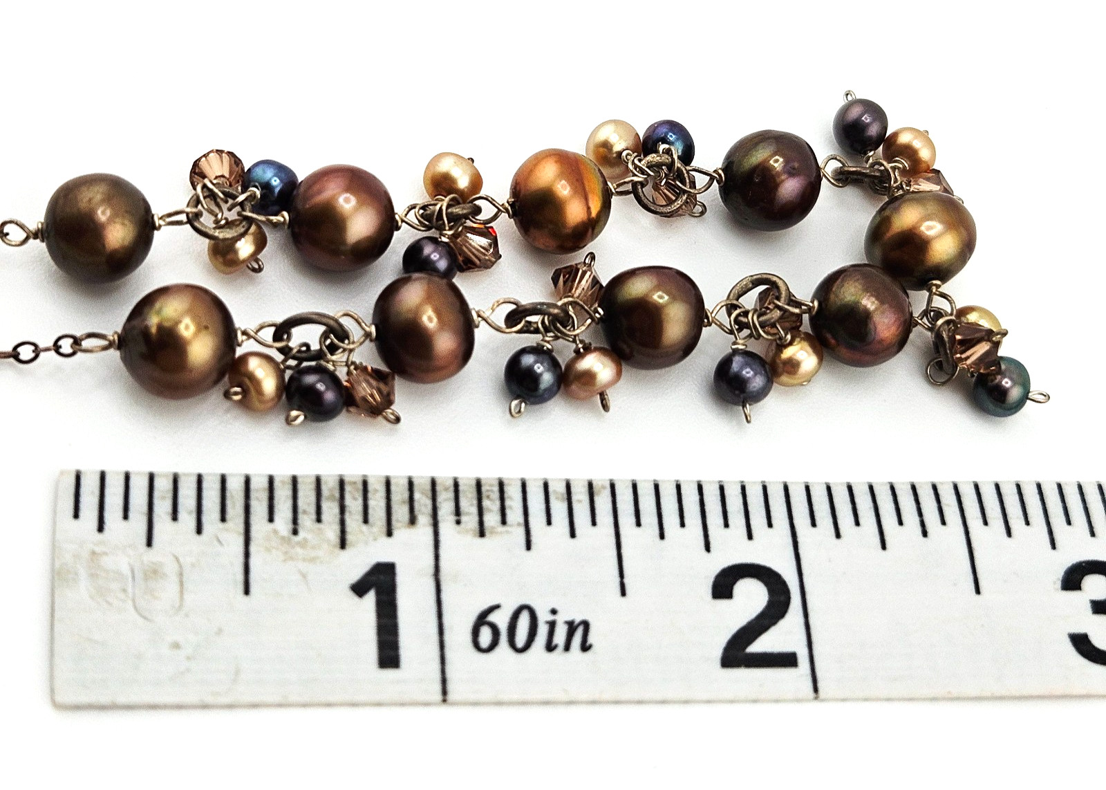 🌸 Vintage Sterling Silver Baroque Pearl Cluster Necklace – Brown/Gold/Black Pea