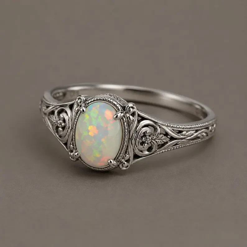 Natural Ethiopian Opal Ring Vintage Filigree Ring 925 Sterling Silver Oval Opal