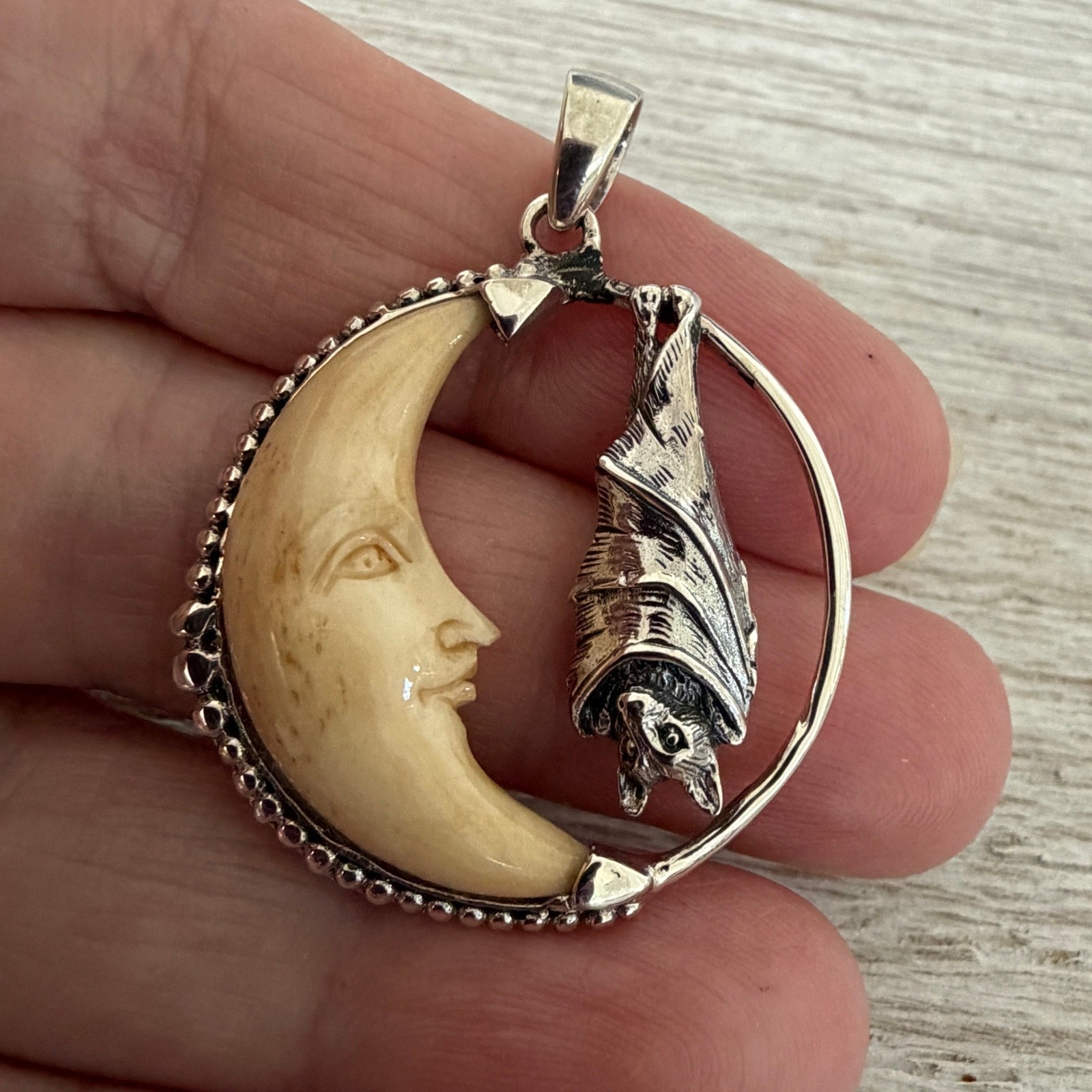 Sterling Silver Bat Moon Pendant Carved Tea Bone Gothic