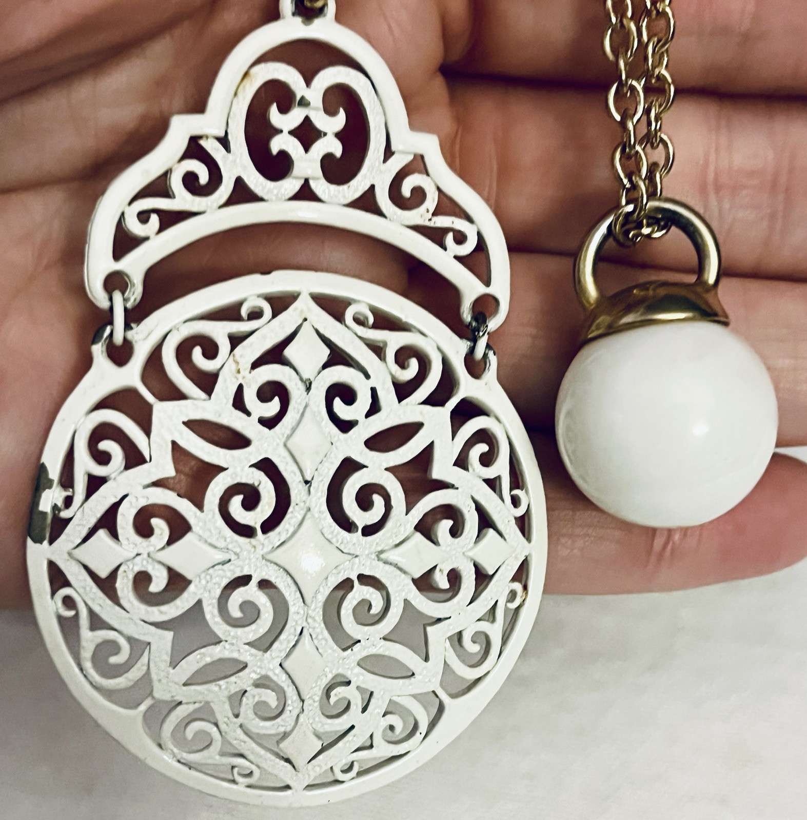 Lot 2 Vintage Longer Necklaces White Gold Tone Scroll Kettle Ball Style Pendant