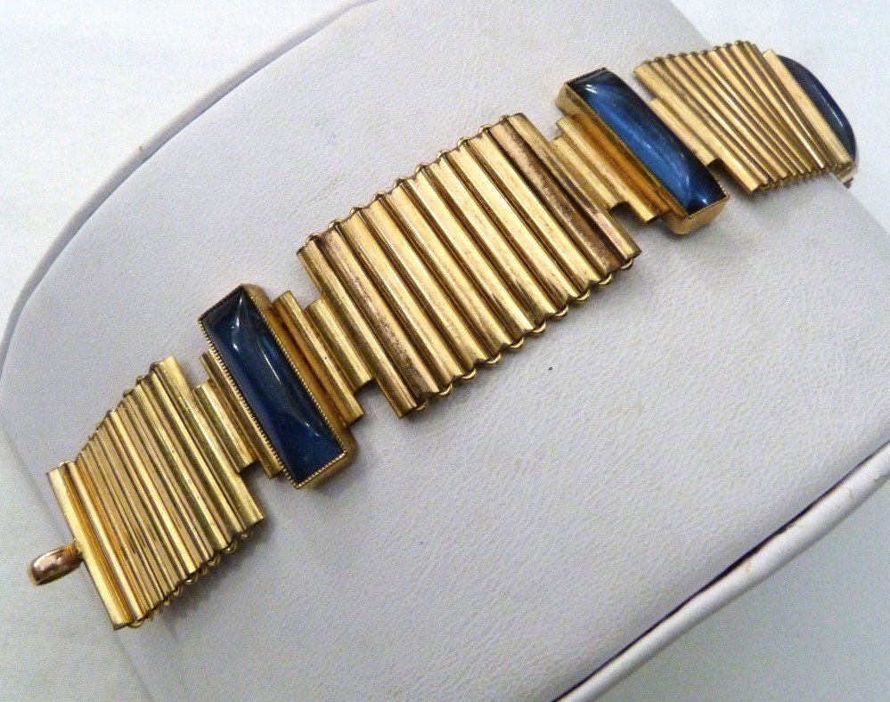 VTG KOLLMAR & JOURDAN ROLLED GOLD ART DECO LINKS SAPPHIRE BLUE GLASS BRACELET
