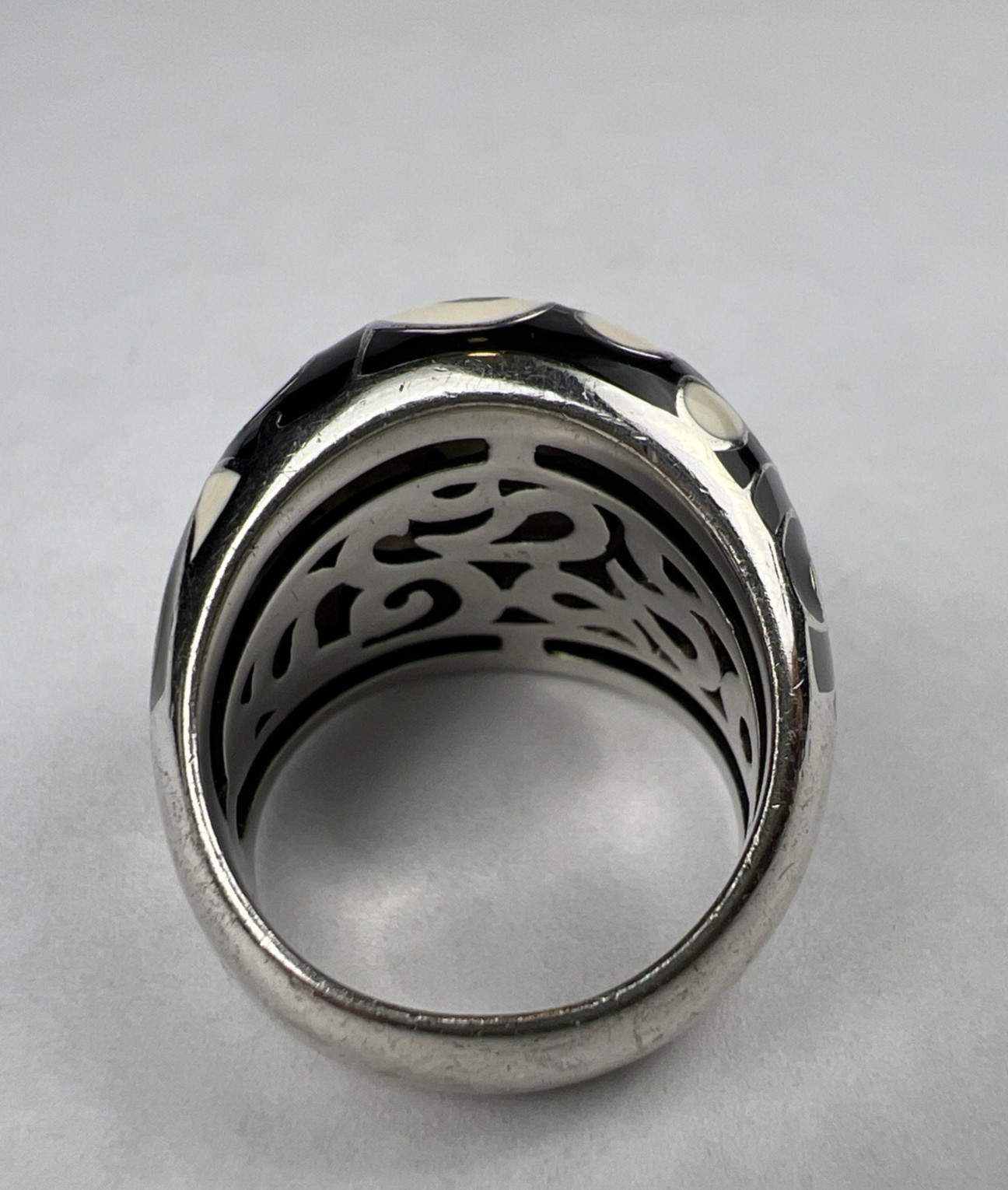 Belle Etoile Sterling Silver Black & White Enamel CZ Statement Ring Size 7.75